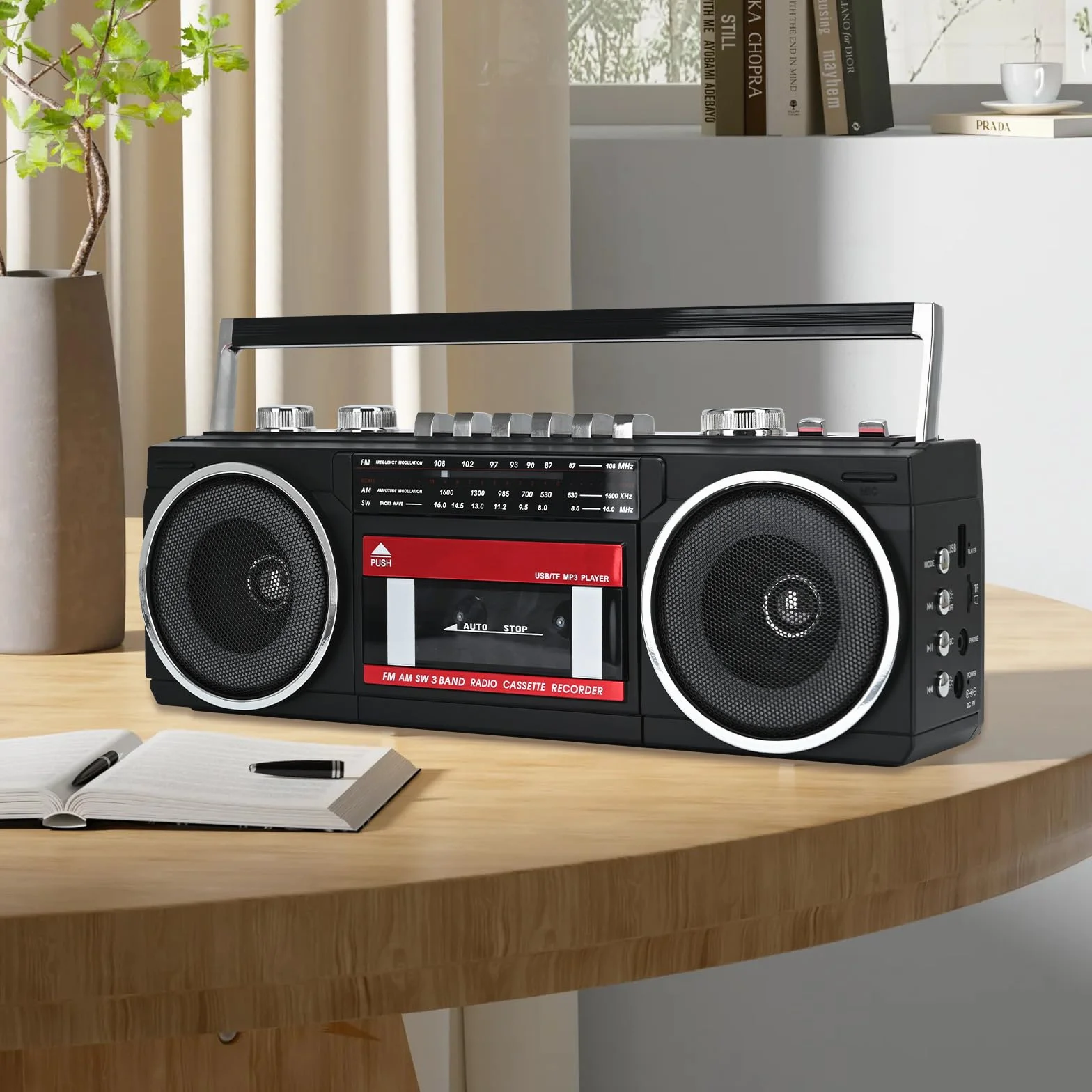 Przenośny odtwarzacz kasetowy Boombox AM/FM/SW radio stereo, odtwarzacz kasetowy, odtwarzacz MP3, Bluetooth, USB, RGB, karta TF (czerwony)