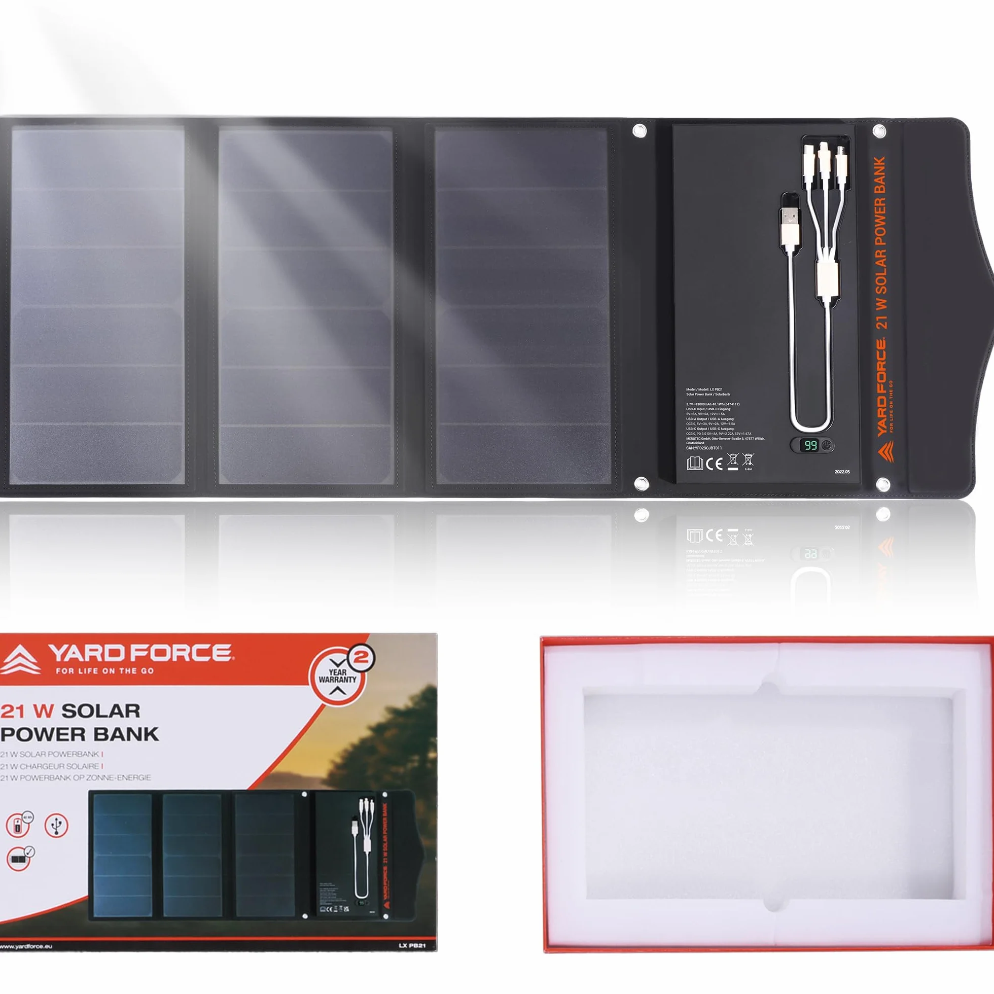 Yard Force Przenośna ładowarka solarna 21 W z 2 portami USB, zintegrowana bateria 13000 mAh, panel słoneczny, cyfrowy wskaźnik baterii – do ładowania urządzeń USB, iPhone, Android, MacBook, LX PB21