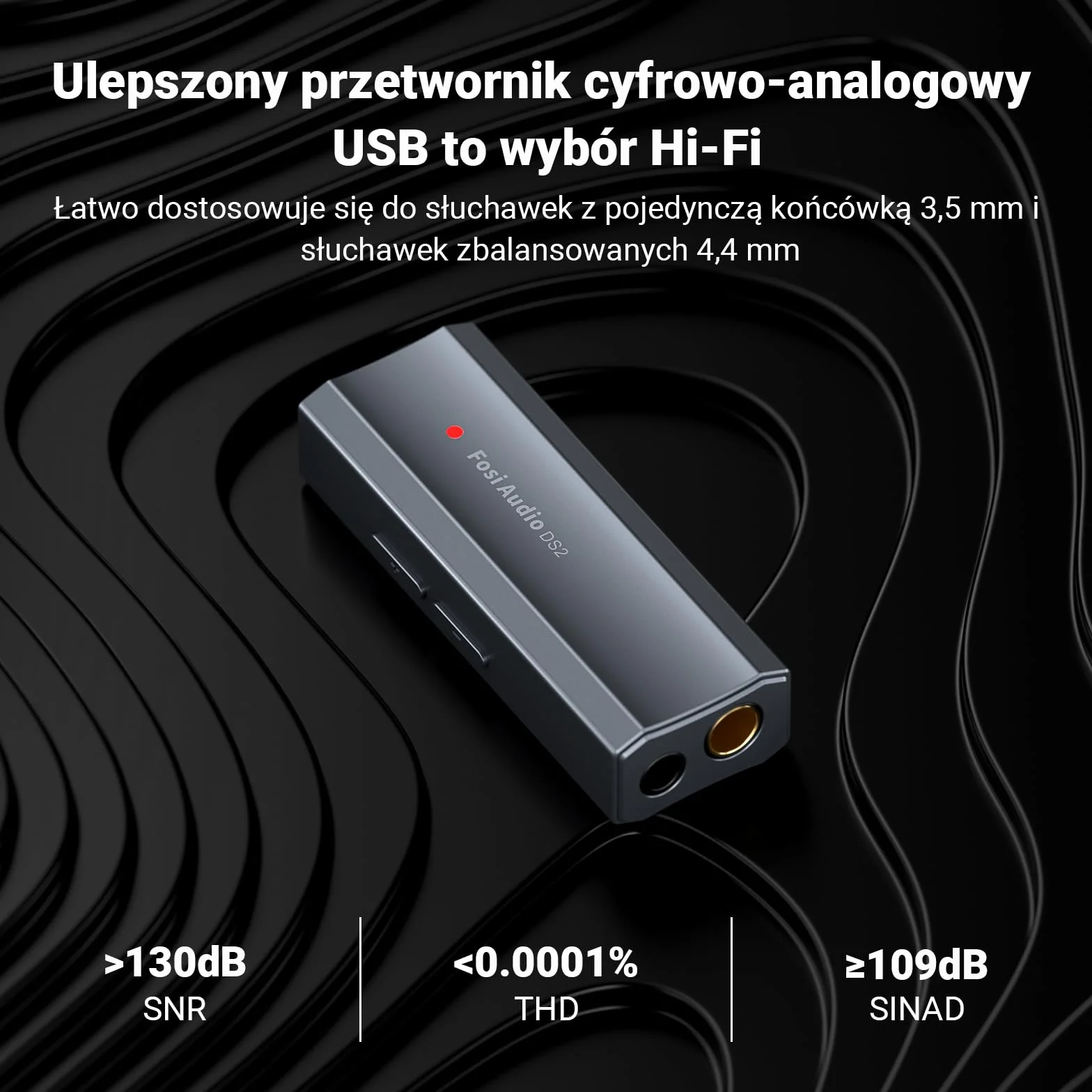 Fosi Audio DS2 USB C do AUX Wzmacniacz słuchawkowy DAC Dongle 3,5 mm Jack Adapter audio Przenośny wzmacniacz z podwójnym wyjściem DSD256 4,4 mm Zbalansowany układ CS43131 o wysokiej rozdzielczości