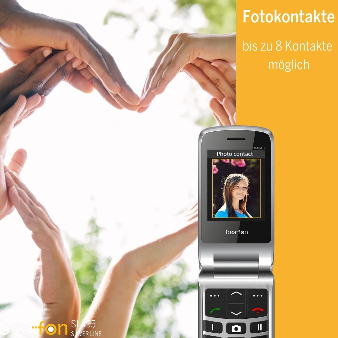 beafon, SL495, Silverline, telefon z klapką, telefon z przyciskiem, telefon komórkowy dla seniorów z przyciskiem alarmowym SOS, telefon komórkowy, wyświetlacz TFT 6,09 cm, aparat fotograficzny