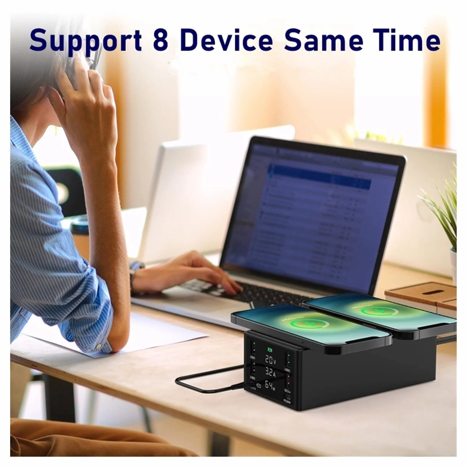 150W Multi USB Bezprzewodowa ładowarka 4 Port USB Stacja ładująca Organizator QC 3.0 Szybka stacja dokująca do telefonu komórkowego, tabletu i innych Bezpieczna ładowarka(Nero)