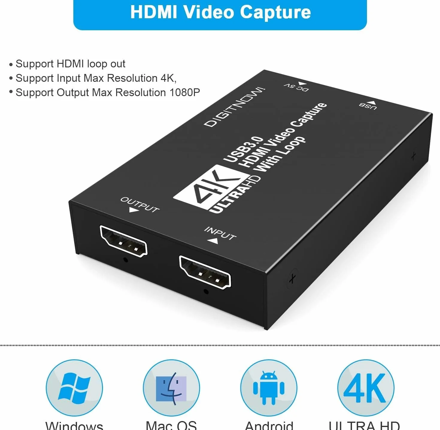 Karta do przechwytywania wideo, karta audio, karta przechwytywania danych USB 3.0, 4K HDMI Loop-Out, 1080P 60FPS, przechwytywanie gier wideo do strumieniowania, gier i transmisji Xbox/PS4/PS5/OBS
