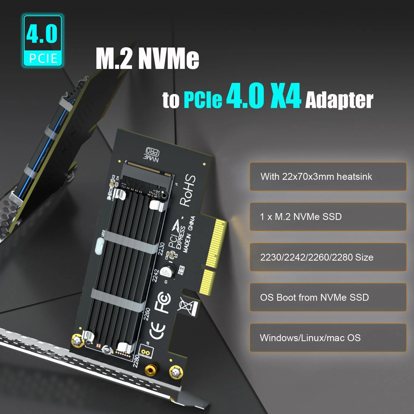 GLOTRENDS PA09-HS Adapter M.2 NVMe na PCIe 4.0 X4 z Radiatorem dla dysków 2280/2260/2242/2230 SSD M.2 NVMe