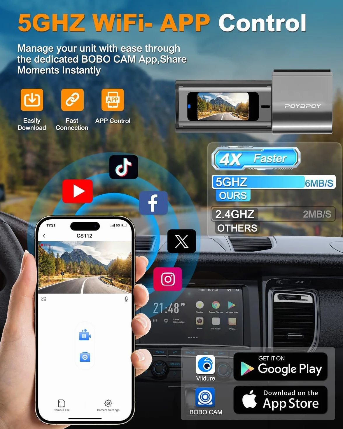 Kamera samochodowa, przednia 4K, wbudowane WiFi 5 GHz, z CPL, UHD 2160P, karta 64 GB, monitor parkowania 24 godz., super noktowizor, WDR, czujnik G, sterowanie aplikacją, kąt 170°, maks. 256 GB