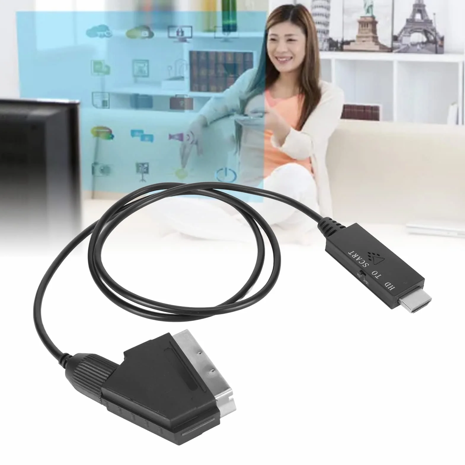 Konwerter HDMI na SCART, kabel HD do SCART, obsługuje PAL NTSC, adapter do telewizora VHS DVD
