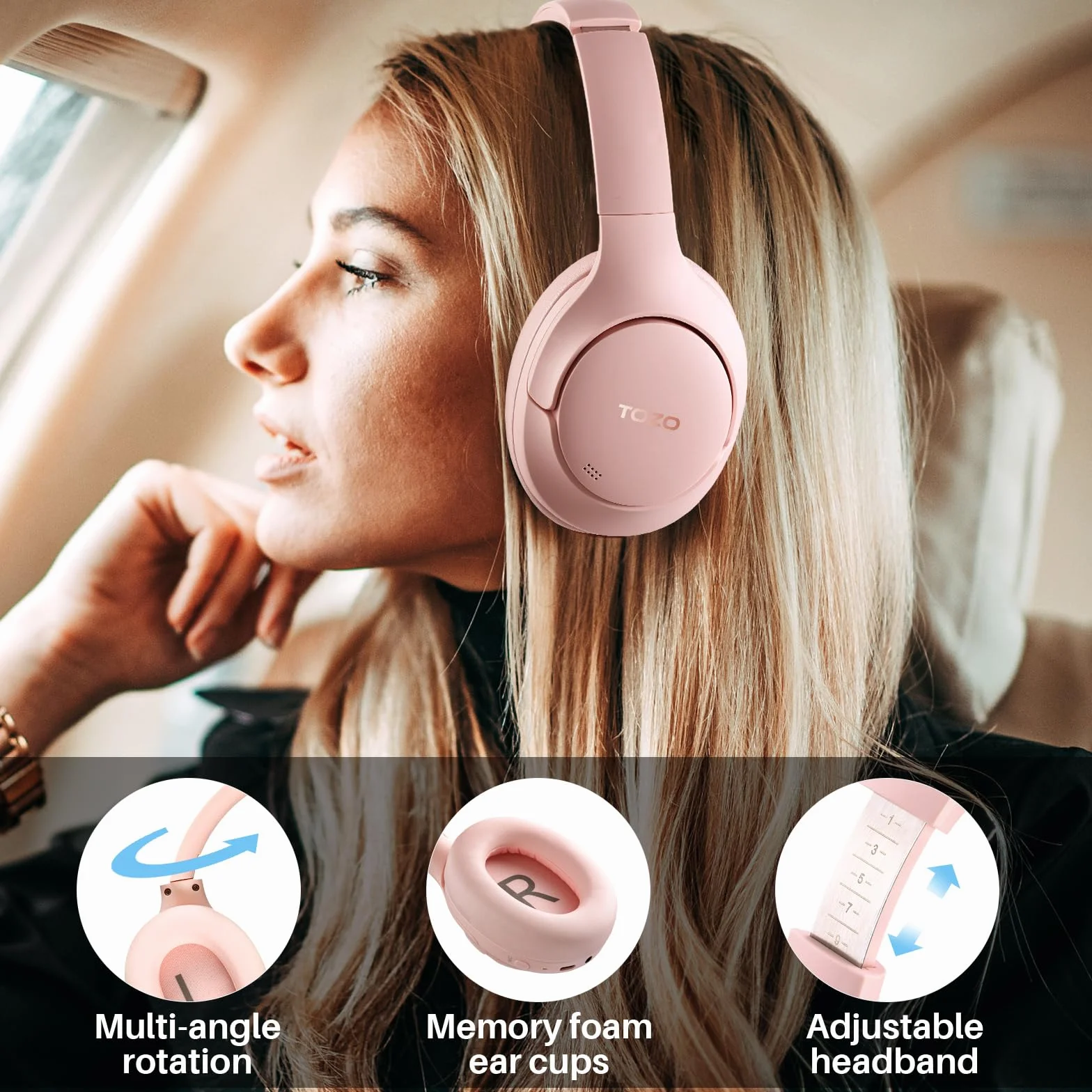 TOZO HT2 Hybrydowe słuchawki bezprzewodowe z aktywną redukcją szumów, 60 godz. odtwarzania, bezstratny dźwięk, nauszne, Bluetooth, Hi-Res, głęboki bas, składane, lekkie zestaw, do treningu