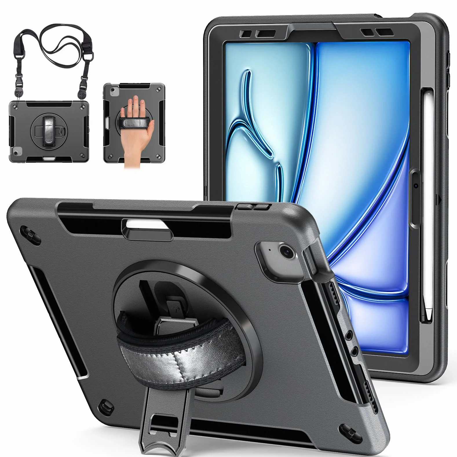 Miesherk Etui do iPada Air 27.9 cm M4/M3/M2 2026/2025/2024, wojskowe, wytrzymałe, odporne na wstrząsy iPad Air 5th/4th 10.9 2022/2020, uchwyt na rysik, obrotowy stojak, pasek na rękę/ramię, czarne