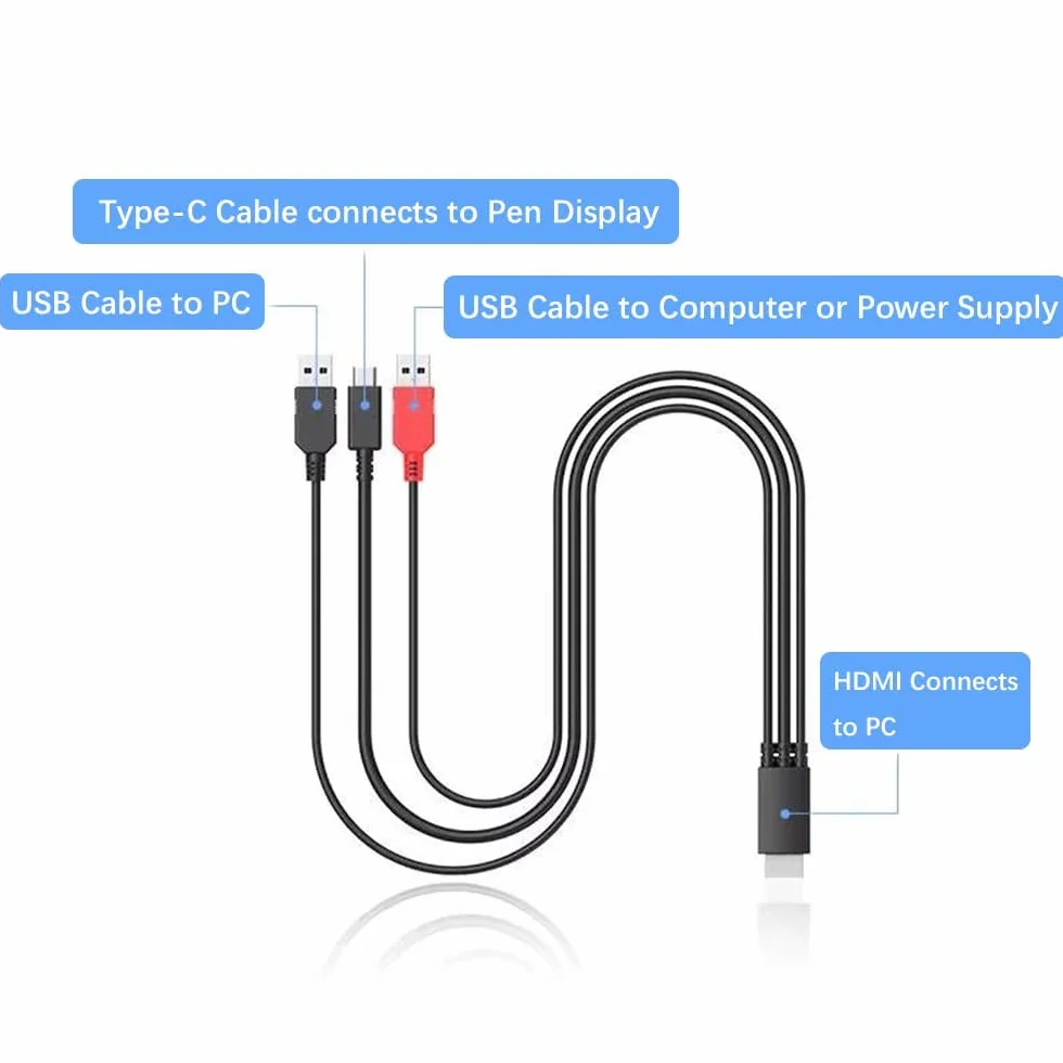 Kabel 3 w 1 kompatybilny z XPPen Artist12 Pro, Artist13.3Pro, Artist13.3Pro V2, Artist15.6 Pro V2, Artist15.6 Pro 3 w 1 tablety ołówkowe do rysowania, pasuje tylko do XPPen