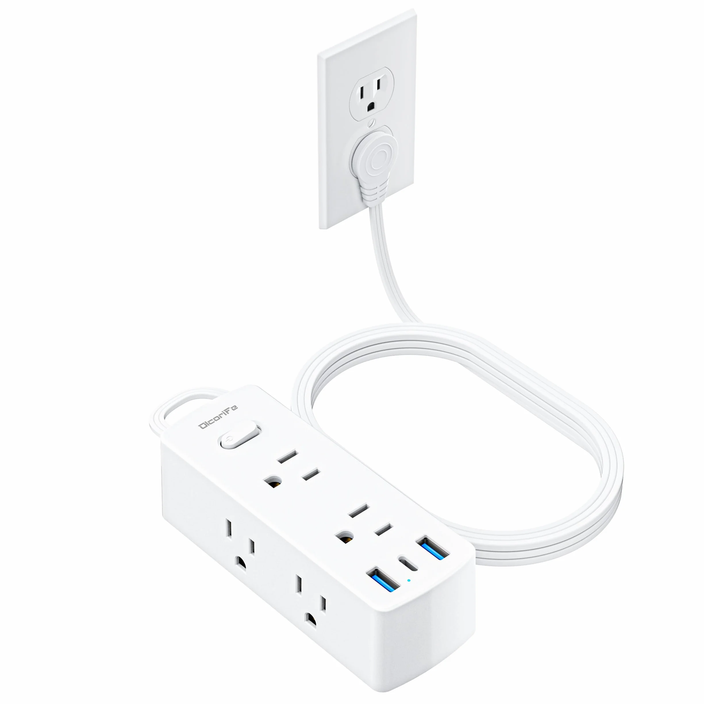 Olcorife - Płaski przedłużacz 20 stóp z 6 gniazdami 3 portami USB (1 USB C), 3-stronny przedłużacz wyjściowy, ochrona przeciwprzepięciowa do domu, biura, sypialni, pokoju