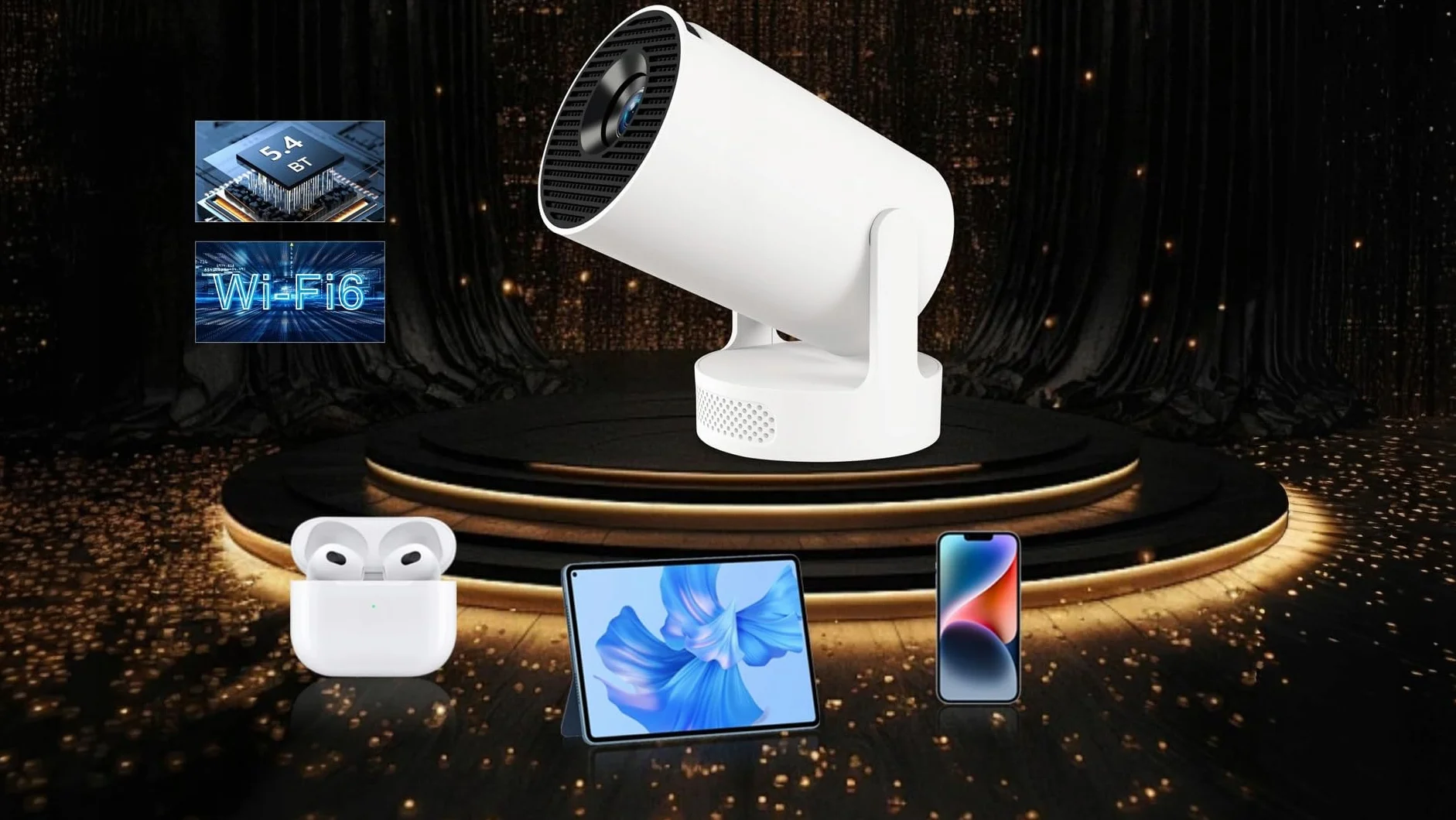 CIRON HY300 Ultra Projektor Multimedialny Android 14 WiFi 6 Bluetooth 5.4 LED 170 ANSI HD 720P Auto Keystone ScreenCast Kino Domowe Mini Smart Projektor HDMI USB Rzutnik do Oglądania Filmów Seriali