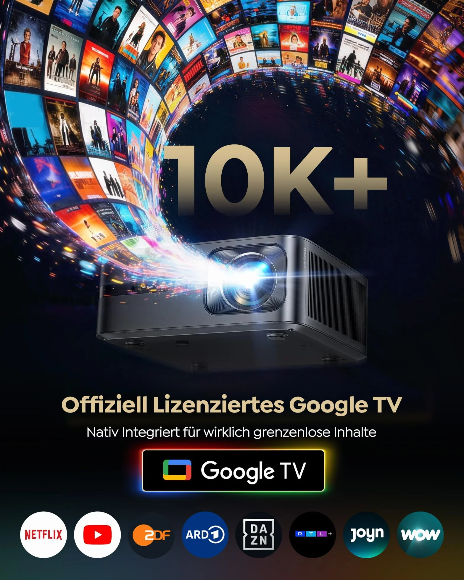 Projektor 4K | Jasność 2200 ANSI |Google TV 14.0 Zintegrowany | Dolby Audio 40W | Projektor natywny FHD 1080P, automatyczne ustawianie ostrości i kalibracja AI, 2+32 GB, HDMI 2.1, MEMC HDR10 do kina