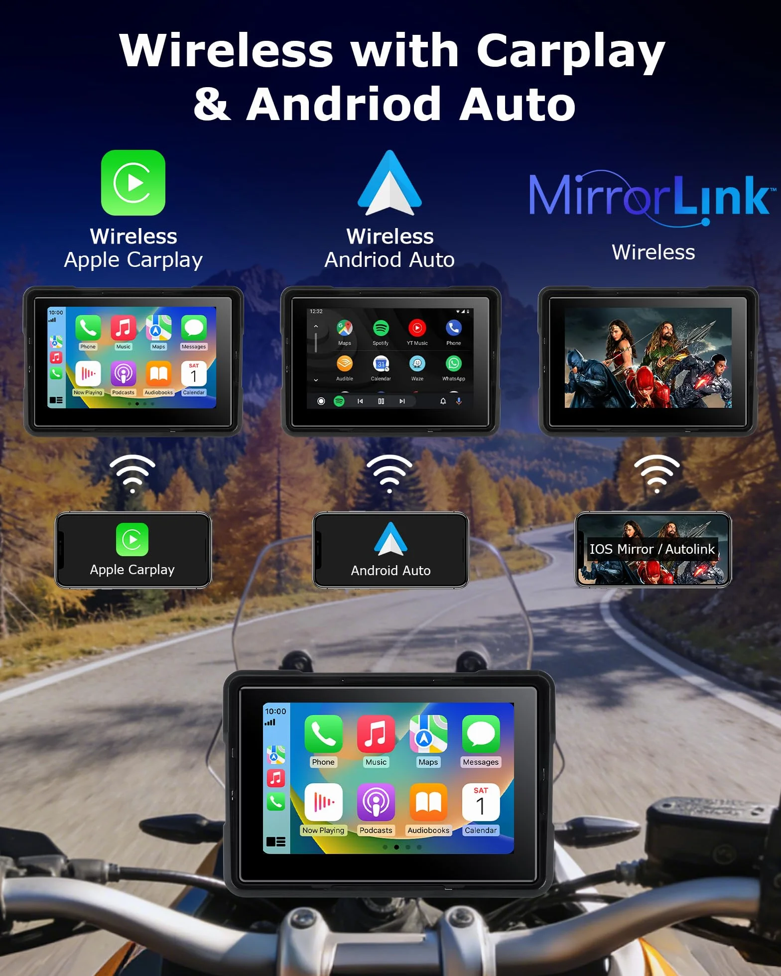 Jansite Carplay Moto Android Auto Screen z TPMS, 5-calowy ekran dotykowy Moto Navigator Wodoodporny IP67 CarPlay i Android Auto Wireless, nawigacja GPS, Siri Goo-gle