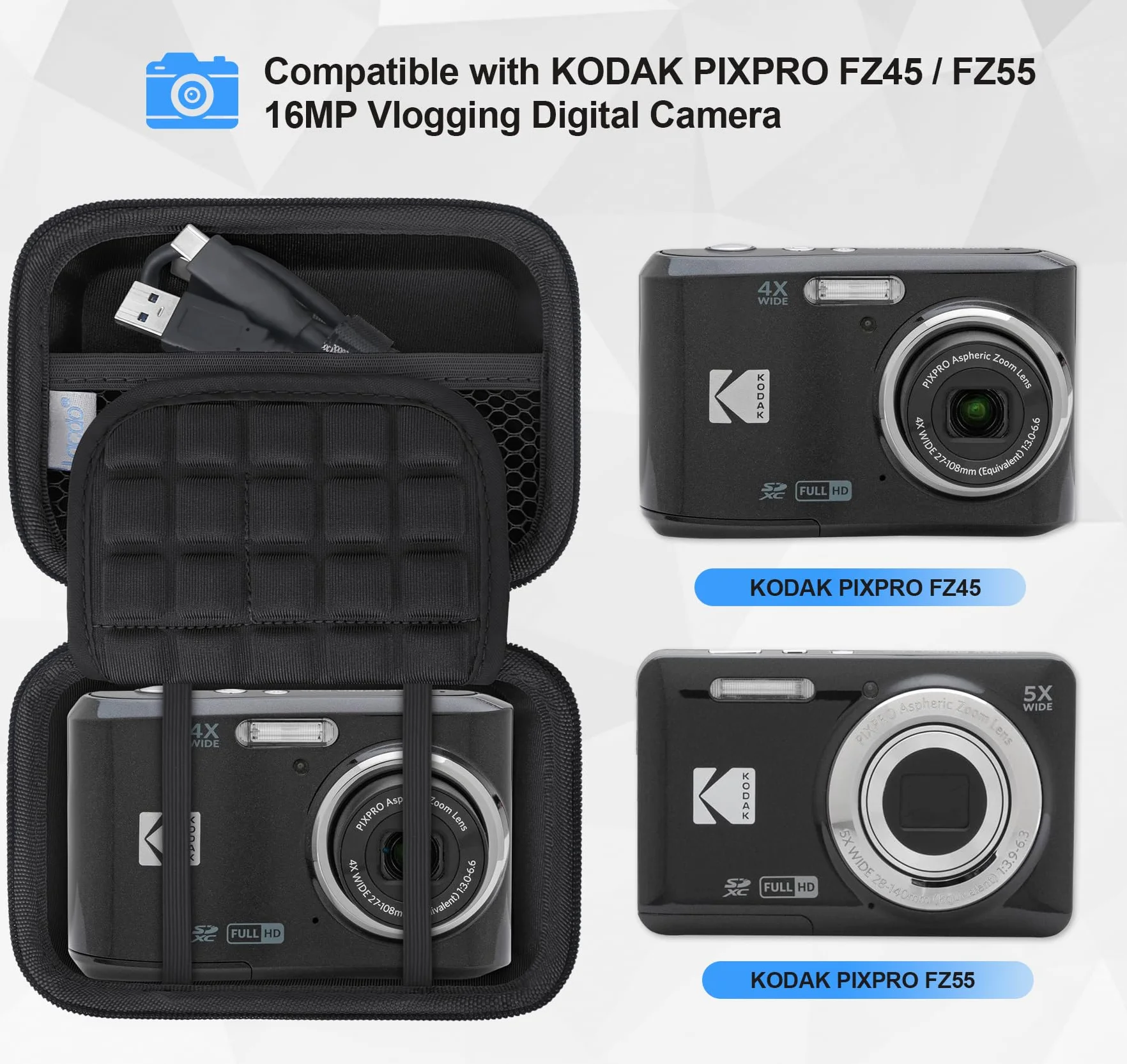 Lacdo Futerał na aparat fotograficzny do KODAK PIXPRO FZ45 / FZ55 / FZ53 / FZ43 16MP Digital Camera, Video Vlogging camera Torba przechowywania Pasuje Baterii, Karty Pamięci, Czarny