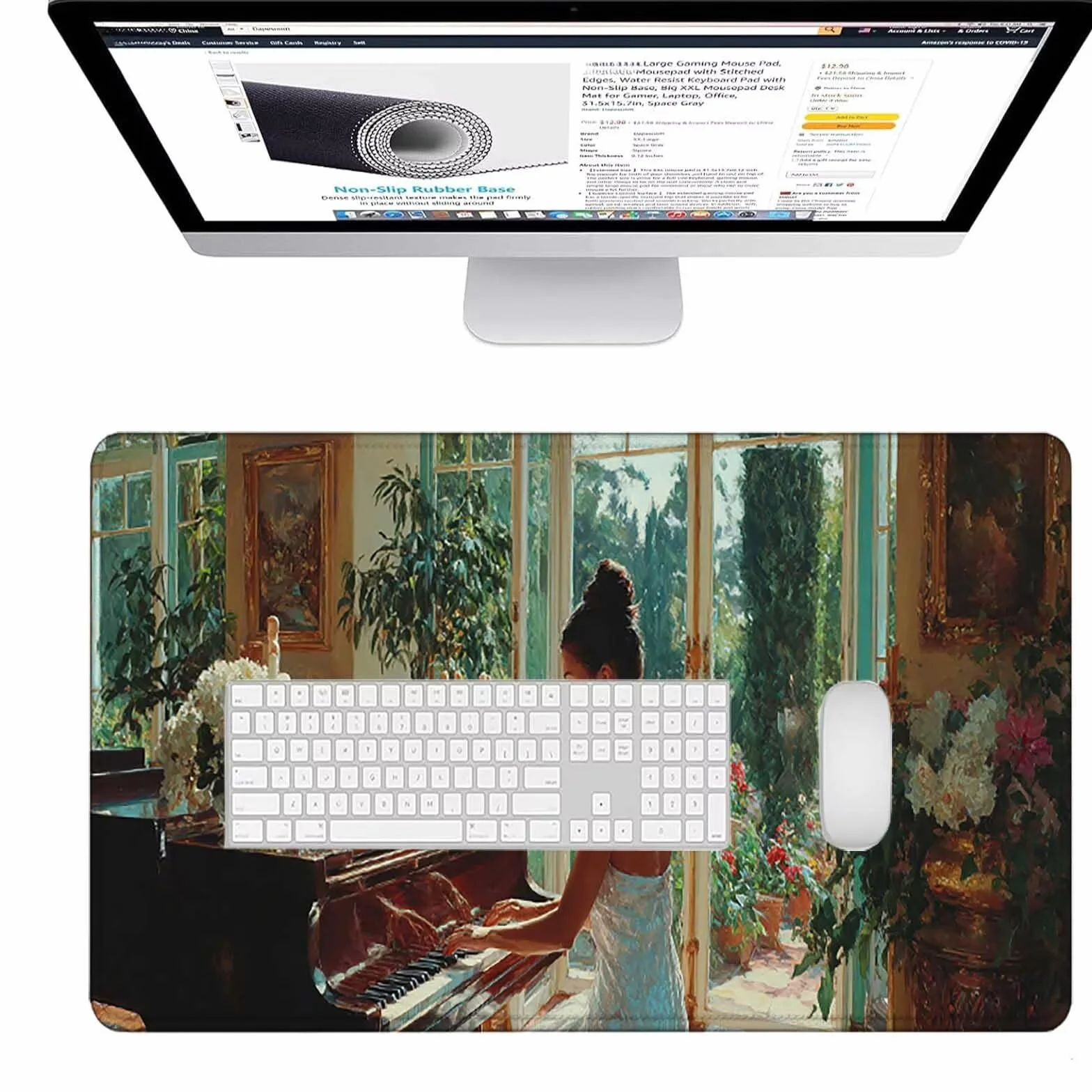 Podkładka pod mysz XXL 1500 x 800 x 3 mm, duża zielona podkładka pod mysz do gier z motywem, fortepian podkładka pod mysz do gier na komputer PC, poprawia dokładność i szybkość dla biura domowego