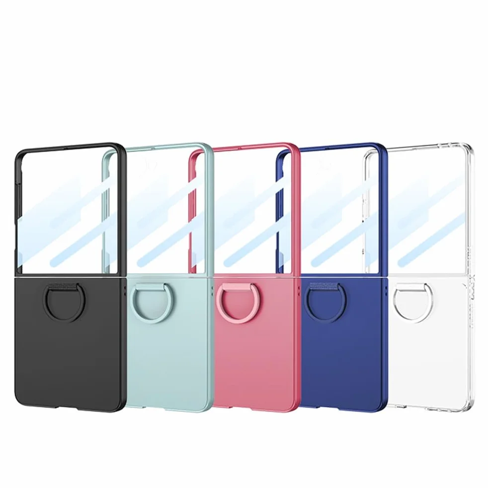Etui do Samsung Galaxy Z Flip 7, osłona ekranu ze szkła hartowanego, etui na telefon z uchwytem pierścieniowym, stojak, smukłe twarde tworzywo PC, odporne na wstrząsy, niebieskie