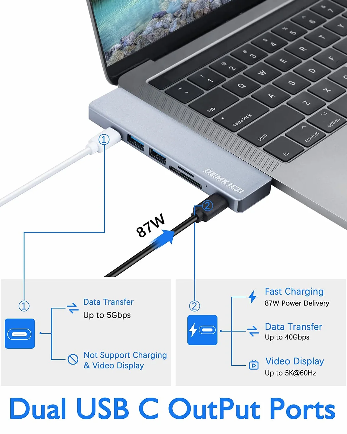 Hub USB C 7 w 1 do MacBook Pro i MacBook Air, adapter DEMKICO Macbook Pro z HDMI 4K, portem USB 3.0 i USB 2.0, czytnikiem kart SD/TF, Thunderbolt 3 (87W PD) i portem żeńskim USB C