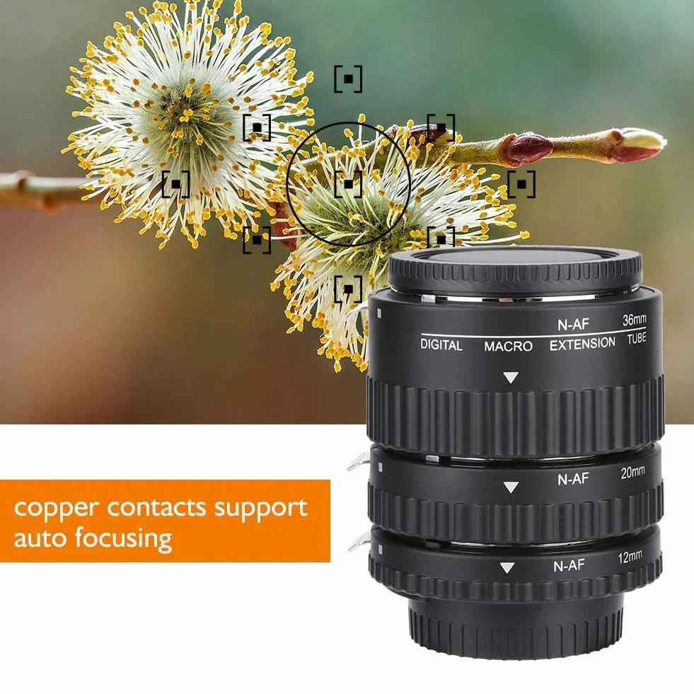 Qiilu Zestaw pierścieni adapterów obiektywów, automatyczne ustawianie ostrości makro przedłużanie rurka obiektywu 12 mm + 20 mm + 36 mm do montażu F DSLR pasuje do d3200