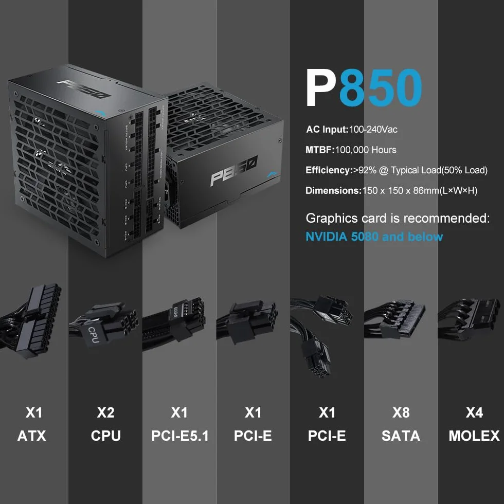 Zasilacz SAMA P850 850W Platinum, ATX 3.1, w pełni modularny, czarny | PCIe 5.1, certyfikat 80 Plus Platinum i Cybenetics, japońskie kondensatory, ultra-cichy wentylator 140 mm FDB