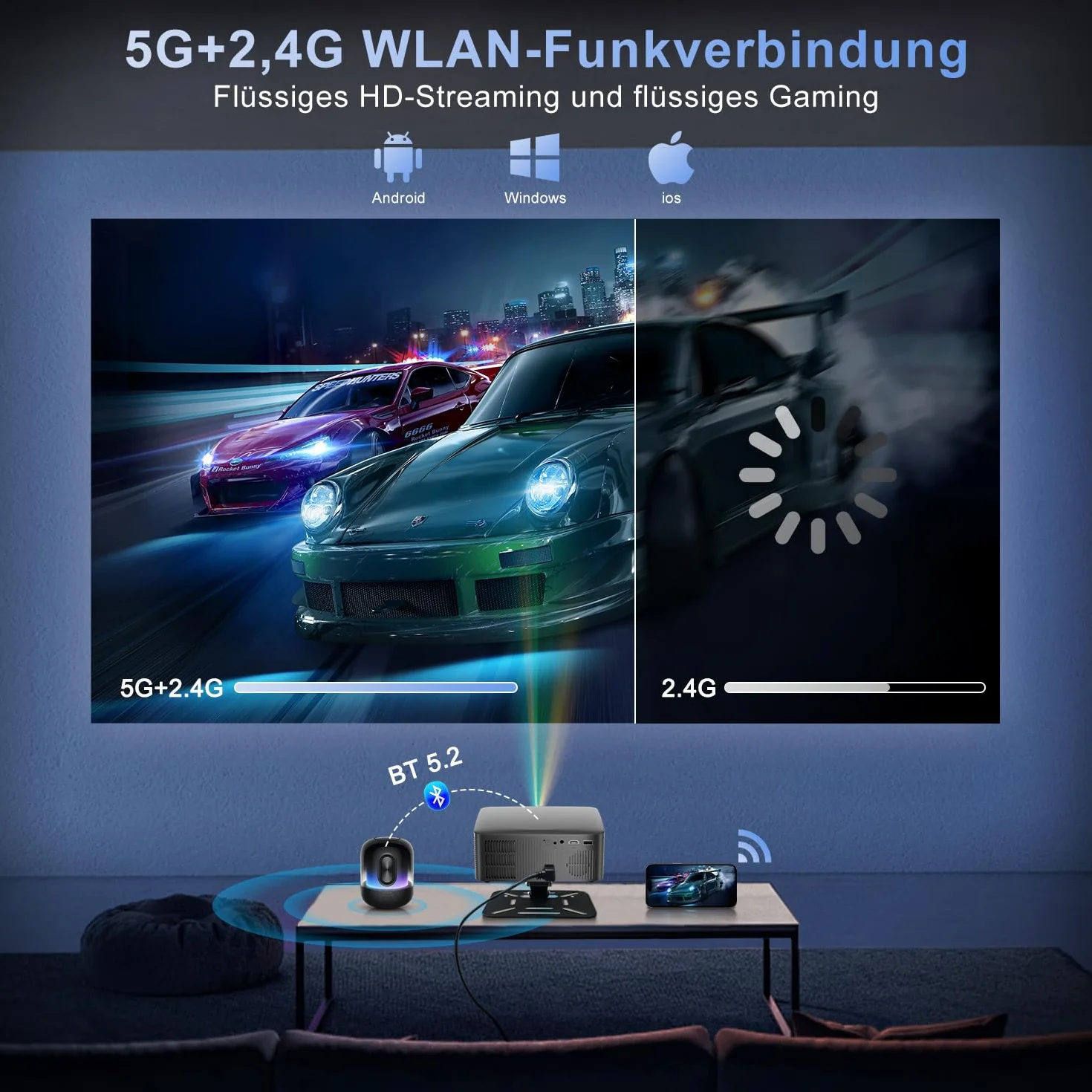 ZDSSY Mini projektor 8K obsługuje Native 1080P Smart Projektor Android 14, przenośny, z WiFi 6 BT 5.2 Auto Keystone, przenośny projektor, mały projektor do telefonu komórkowego, kino domowe ze
