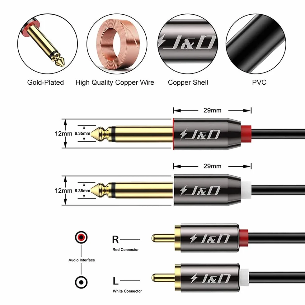 J&D 2 x 6,35 mm do 2 RCA, pozłacana miedziana powłoka wytrzymała 2 x 6,35 mm 1/4 cala męski TS do 2 RCA męski adapter stereo audio, 6 stóp