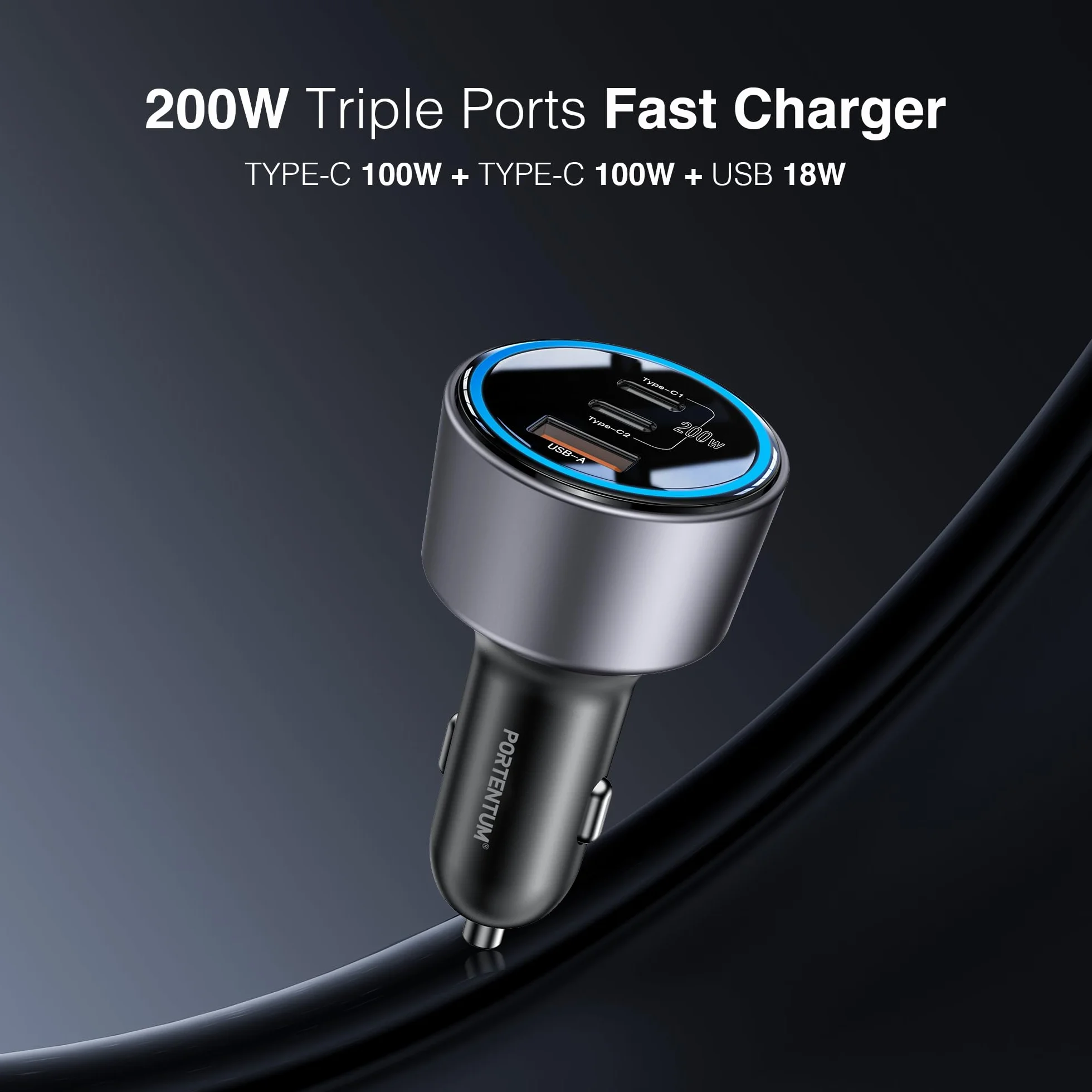 PORTENTUM Adapter ładowarki samochodowej 200 W – darmowy kabel USB-C – potrójny i symulacyjny – 2 x USBC PD 100 W + USBA QC 18 W – ładowanie USB do zapalniczki samochodowej do iPhone'a, iPada