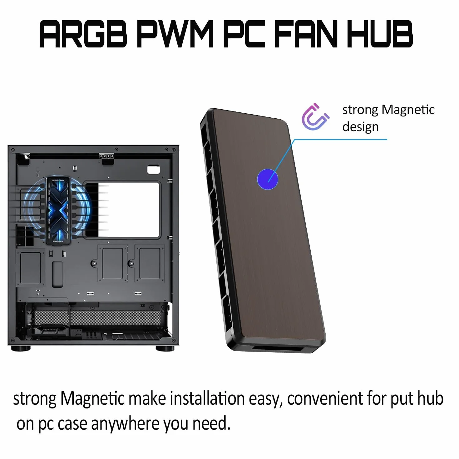 ARGB PWM koncentrator wentylatora, adresowalny 5 V 3-pinowy 12 V 4-pinowy PWM obudowa 2 w 1 RGB koncentrator wentylatora z magnesem, wejście zasilania SATA PSU, 8 portów dla wentylatorów i