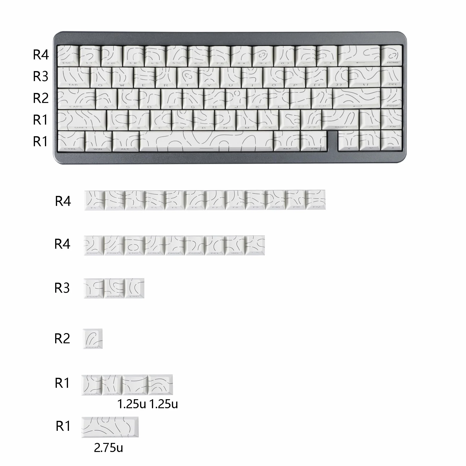 YMDK Contour Line białe nasadki na klawisze, pełny zestaw, 97 klawiszy, podświetlane z boku, świecące przez niestandardową nasadkę klawiszy Cherry Profile PBT+PC Double Shot do klawiatury mechanicznej