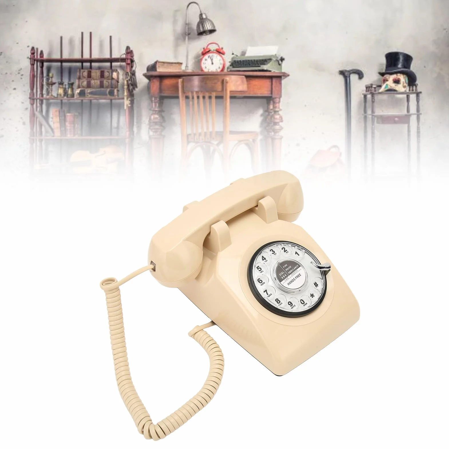Retro Telefon obrotowy Vintage telefon stacjonarny, staroświecki telefon z obrotową tarczą z mechanicznym głośnikiem, czerwony antyczny telefon stacjonarny do domowego (Beżowy)