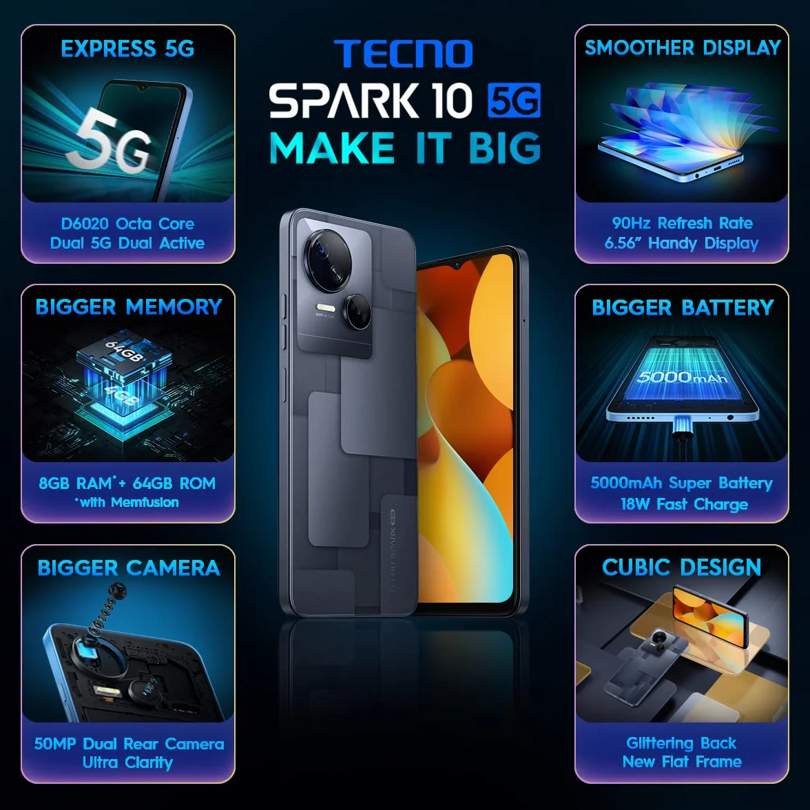 Tecno Mobile Spark 10 5G smartfon z systemem Android, Dual SIM, wyświetlacz 1612 x 720 HD+, 4 GB RAM, 64 GB pamięci, Octa-Core, podwójny aparat 50 Mpx, Meta Black