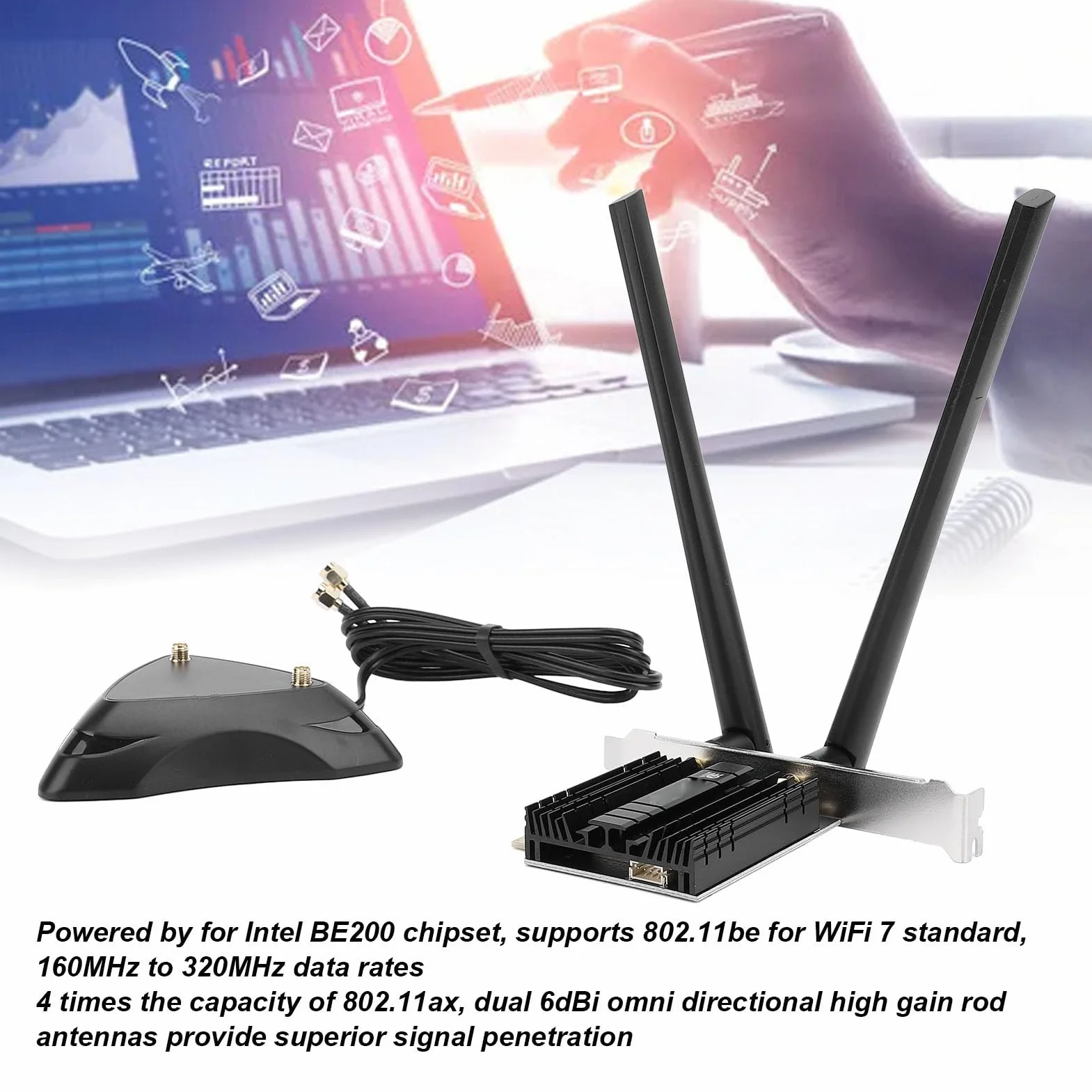Karta BE200 WiFi 7, Karta Sieciowa WiFi 7, Karta Sieciowa PCIe 8774Mbps z Bluetooth 5.4, Trójzakresowa do 6GHz, 802.11ax, MU MIMO, Bezprzewodowa Karta Sieciowa 8774Mbps dla