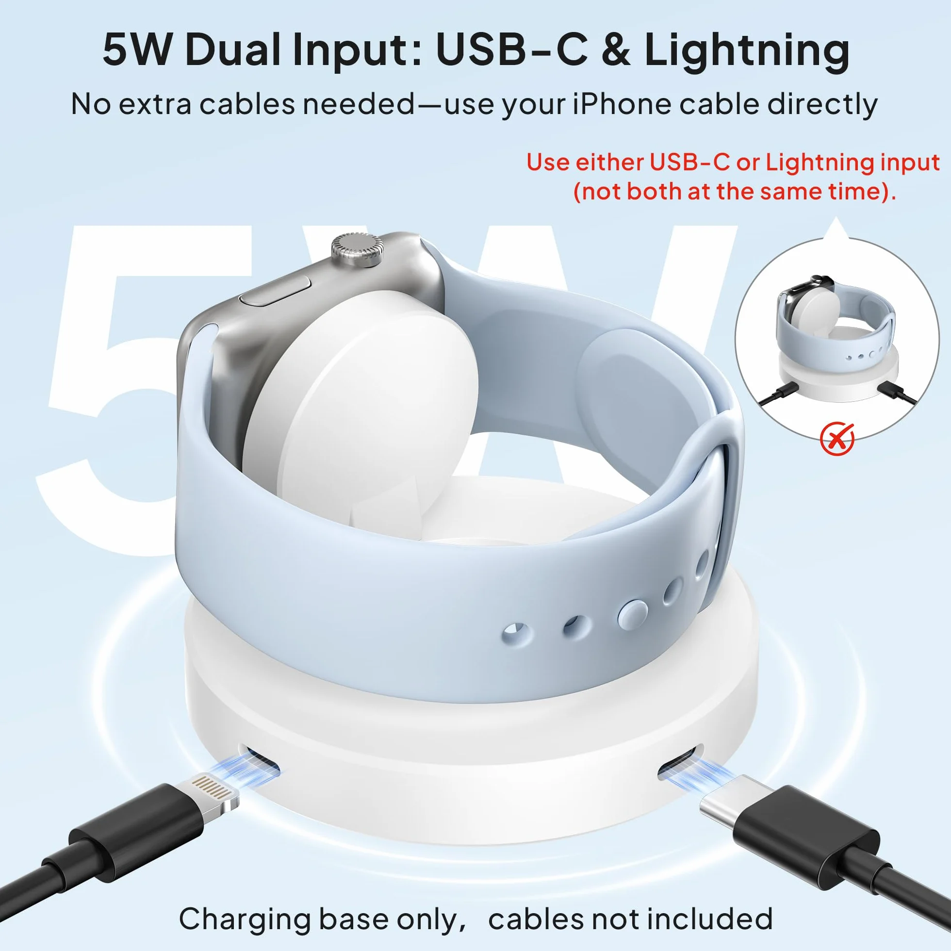Elebase Ładowarka 5W do Apple Watch 11 z Portem Zasilania USBC i Lightning | Składany Magnetyczny Adapter, Bezprzewodowa Stacja Ładowania dla iWatch Series 10 9 8 7 6 5 4,Ultra SE 3 2 1