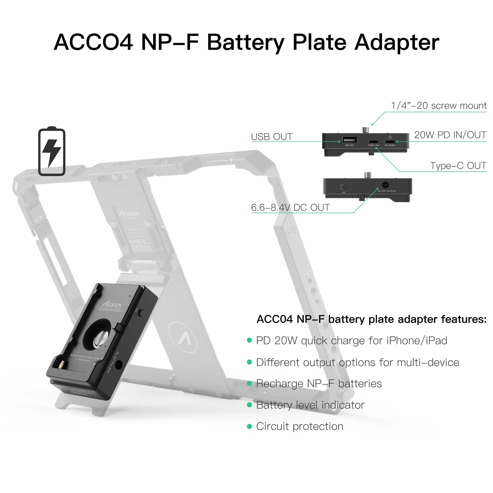 Accsoon iPad Power Cage II ze stojakiem tłumiącym/uchwytem na baterie do podłączenia kamery do iPada (gen. 5,6,7,8,9,10), iPad Air (3,4,5), iPad Pro 9,7/10,5/11" (Gen 1, 2, 3,4) jako monitor Pro
