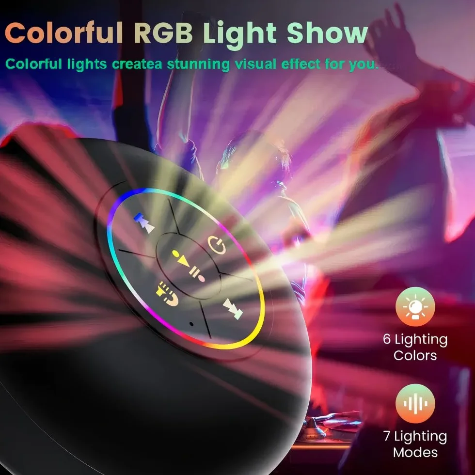 Głośnik Bluetooth Wodoodporny z Przyssawką i Światłem RGB - Przenośny Bezprzewodowy Stereo Basowy do Podróży, Łazienki, Prysznica i na Zewnątrz