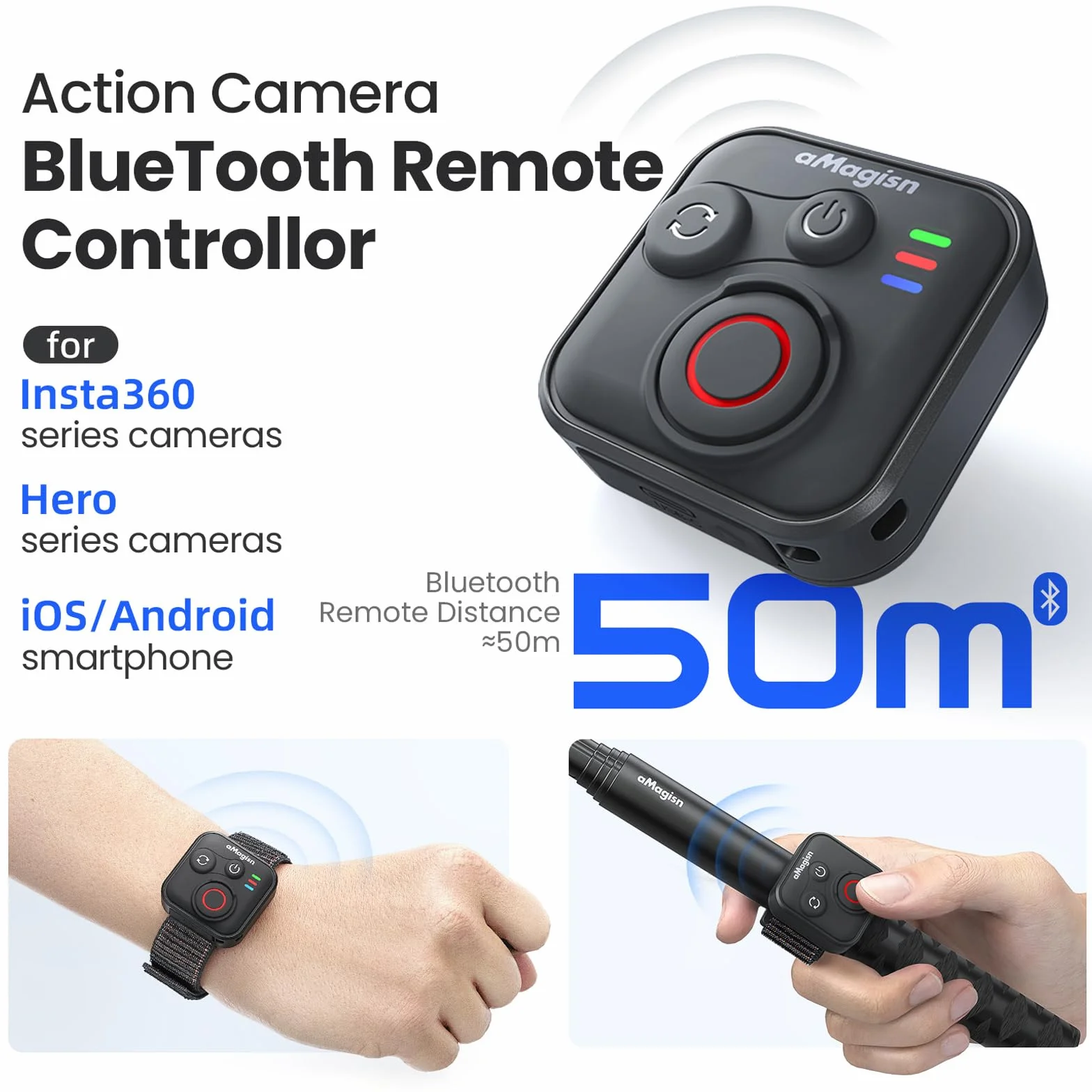 Pilot zdalnego sterowania Bluetooth do Insta360 Ace Pro 2 X5 ONE RS GoPro Hero 13 12, bezprzewodowy pilot zdalnego sterowania z paskiem na nadgarstek, zasięg 50 m, inteligentna kamera akcji, akcesoria