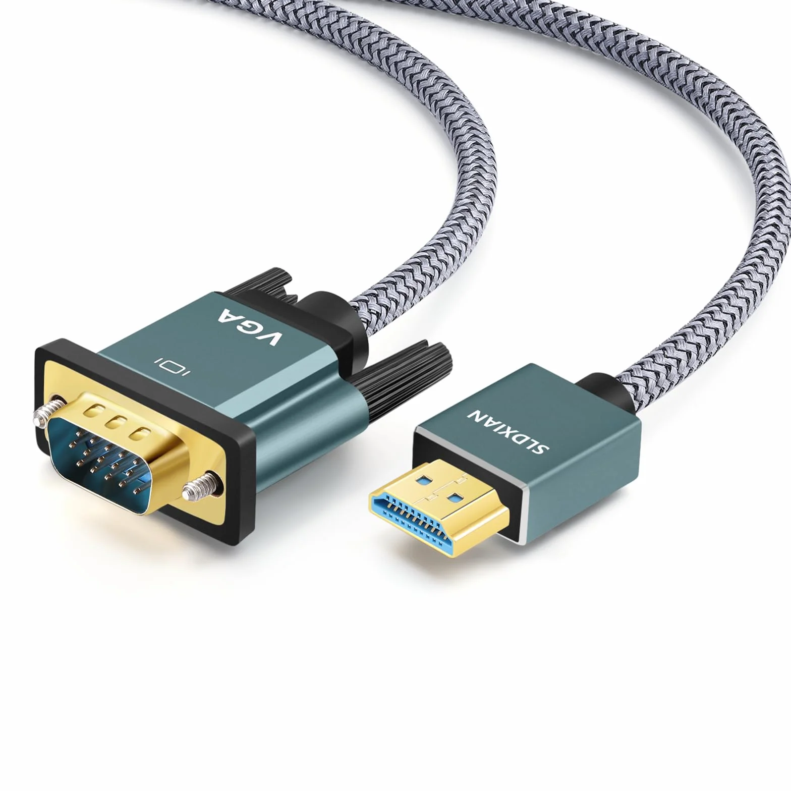 Kabel HDMI na VGA, kabel HDMI do VGA (wtyczka na wtyczkę) 1080P pozłacany i aluminiowa obudowa, konwerter nylonowy, pleciony, kompatybilny z komputerami stacjonarnymi, laptopami, komputerami,