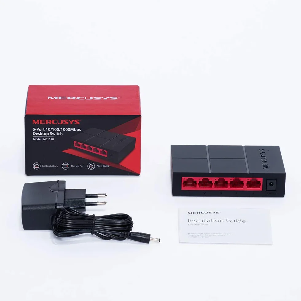 MERCUSYS MS105G – 5-portowy gigabitowy switch biurkowy, metalowa obudowa, Plug & Play, bez wentylatora, energooszczędny – do domu i małego biura