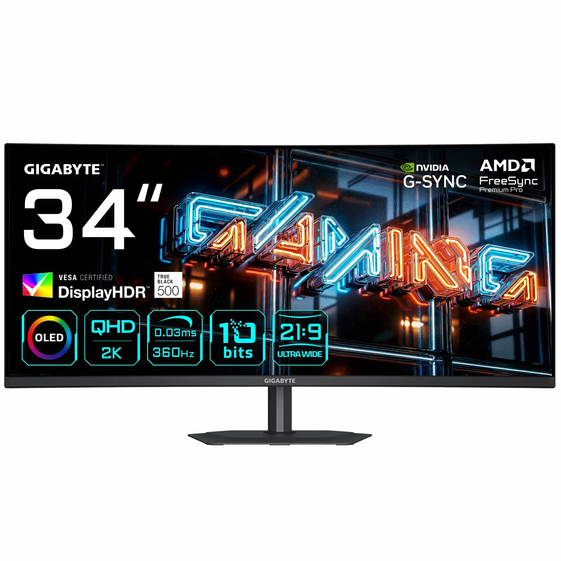 GIGABYTE MO34WQC36 Zakrzywiony monitor gier 34" WQHD - 3440 x 1440, 360Hz, 0,03ms, KVM, 300 CD/m², FreeSync Premium Pro, DisplayHDR True Black 500, HDMI 2.1, DisplayPort 2.1