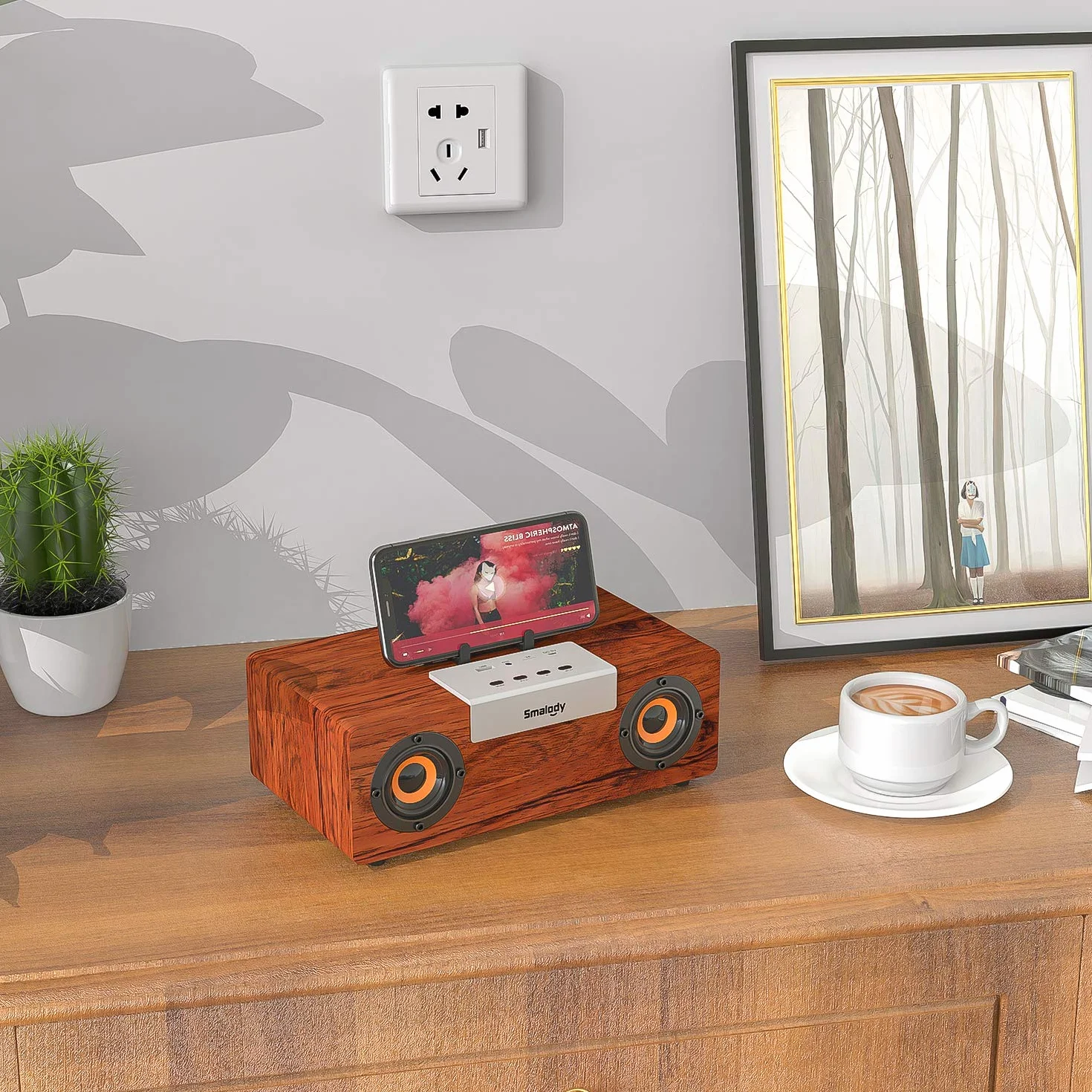 Shocking Bass Głośnik Bluetooth, Smalody Potężny 50W 2.1HD Stereo Subwoofer Drewniane bezprzewodowe przenośne głośniki na zewnątrz/do gier/komputera/telefonu/laptopa/projektora