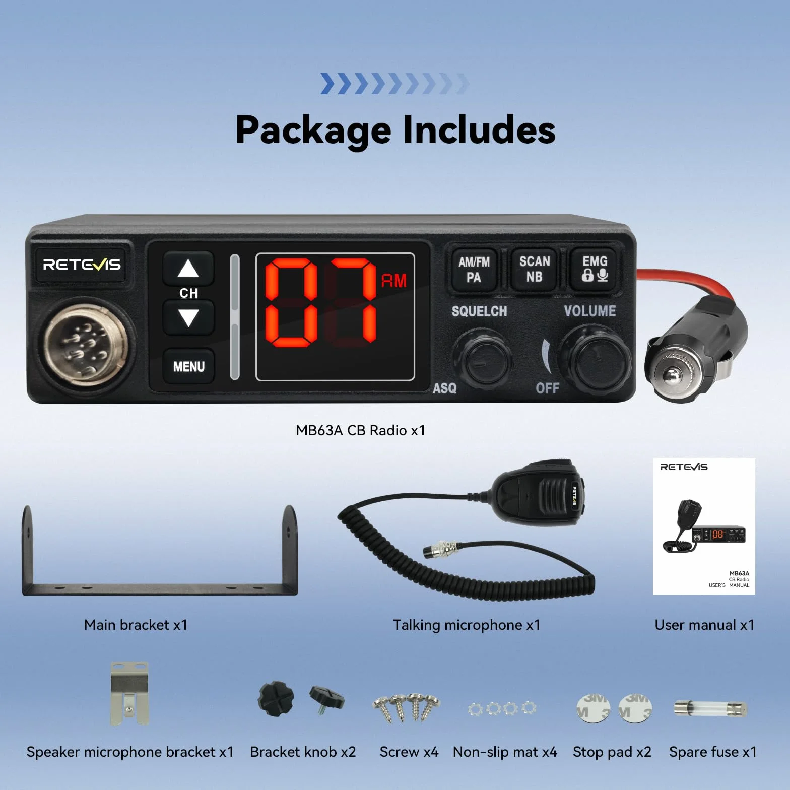 Retevis MB63A CB radio AM/FM CB z systemem odprowadzania ciepła/PA 12/24V, filtr szumów NB/ANL, VOX, EMG CH9/19, radiotelefon do samochodów kempingowych (1 sztuka, czarne)