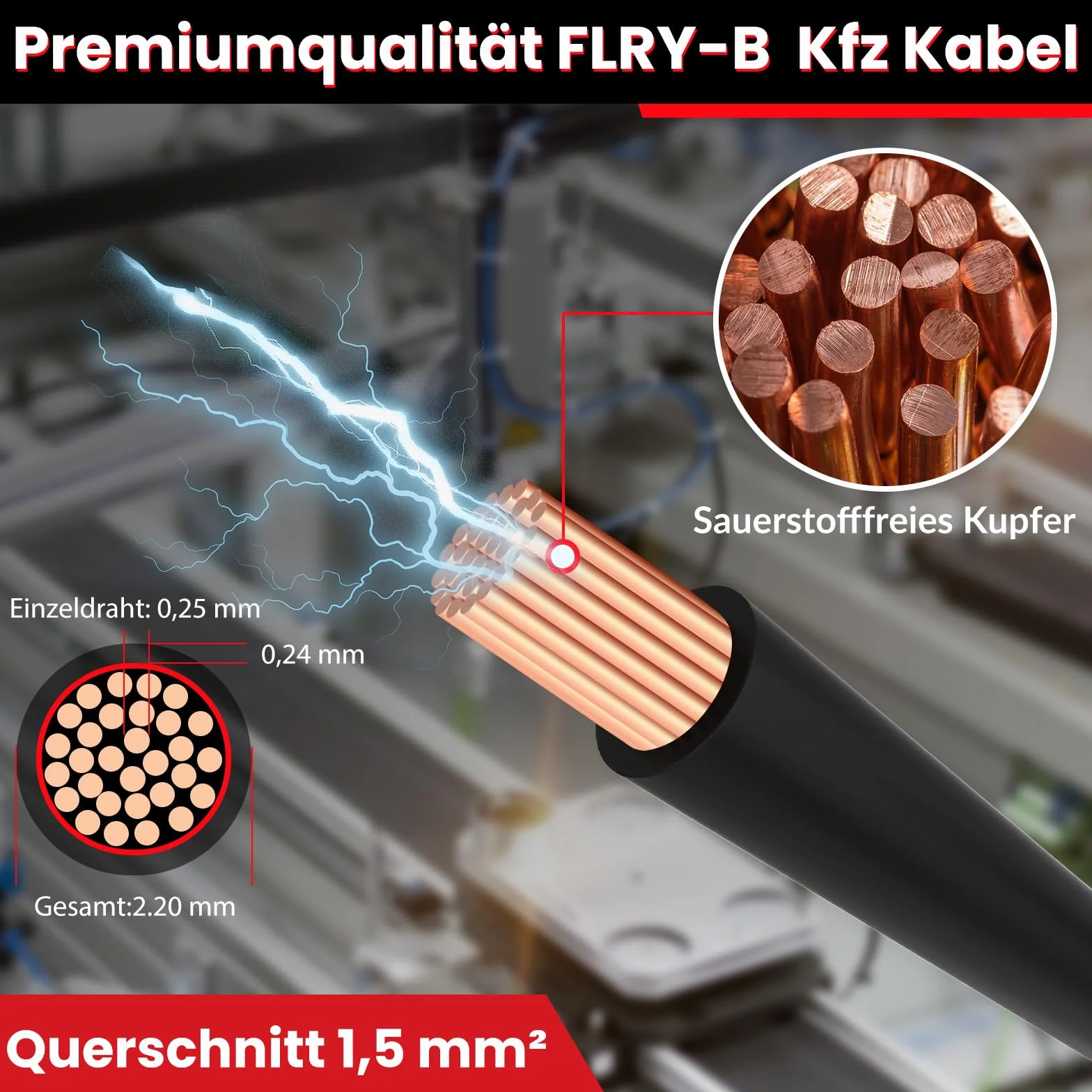 Przewód samochodowy 1,5 mm², zestaw, 5 m x 5 kolorów FLRY-B, kabel miedziany PCW, kabel do akumulatora, kabel zasilający, przewód samochodowy, czerwono-czarno-niebiesko-zielono-żółty, 5 m
