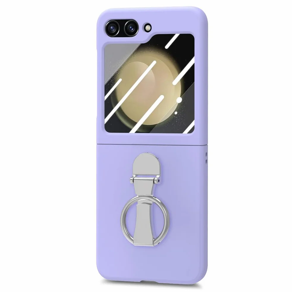 Odporne na wstrząsy etui do Samsung Galaxy Z Flip 7, osłona ekranu ze szkła hartowanego, etui na telefon z metalowym uchwytem pierścieniowym, stojak, smukłe, twarde etui z PC, fioletowe