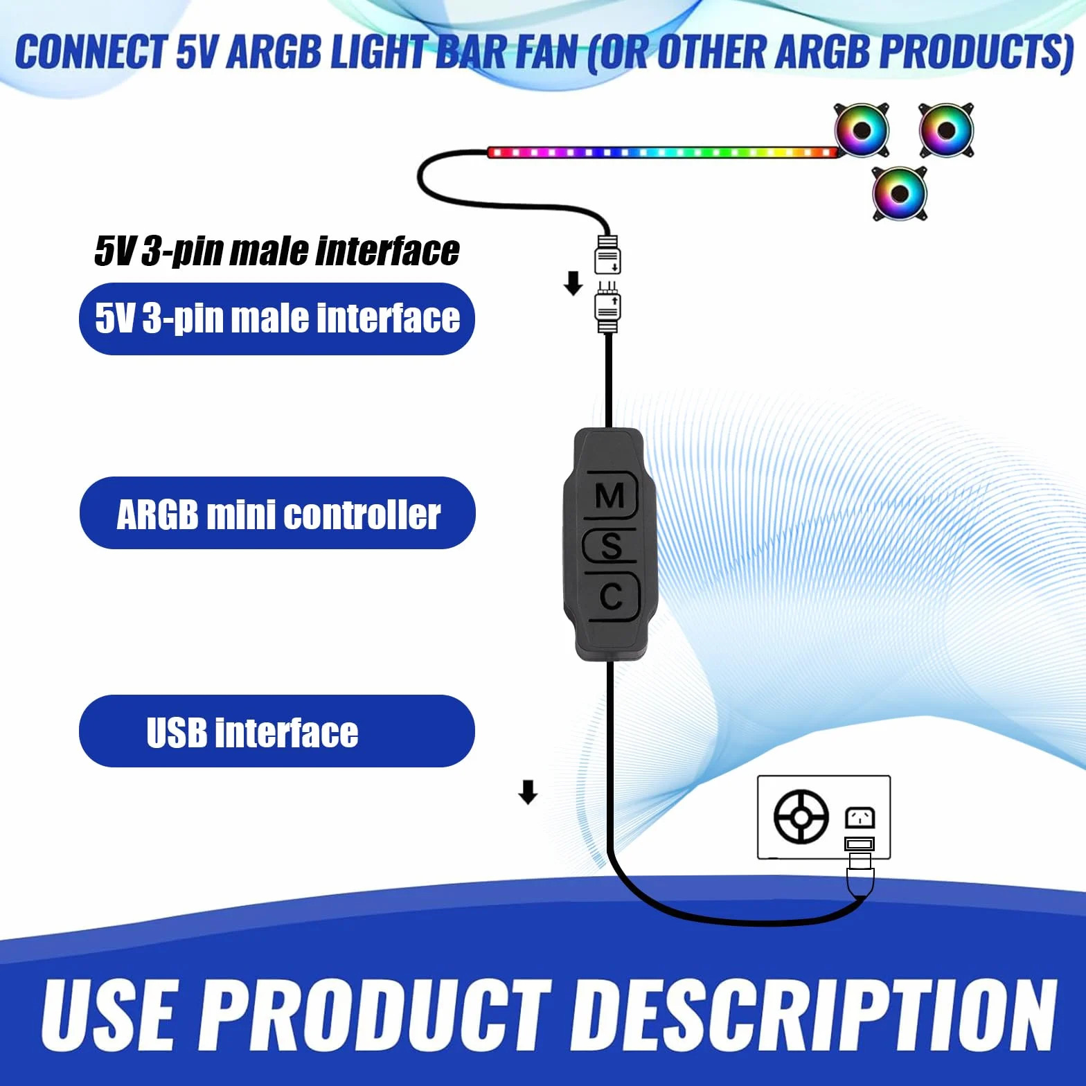 ARGB Kontroler LED 5V 3-pinowy 70cm USB do wentylatorów PC i pasków świetlnych