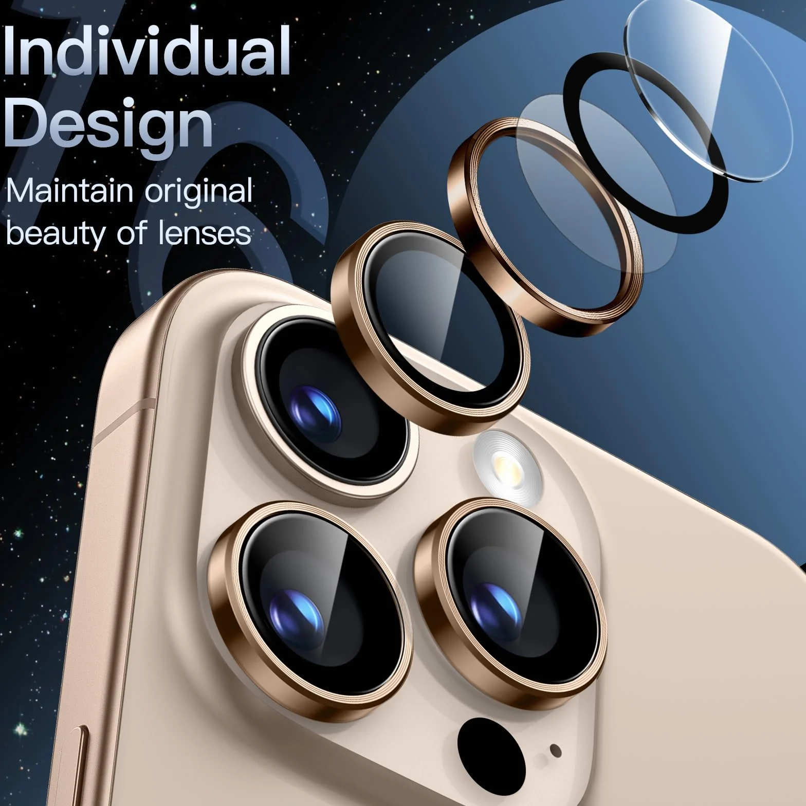 JETech Osłona Obiektywu Aparatu dla iPhone 16 Pro 6,3 Cala i iPhone 16 Pro Max 6,9 Cala, 9H Szkło Hartowane Metalowa Indywidualnego Pierścienia Osłona, HD Przejaśniać, 1 Komplet (Tytan Pustynny)