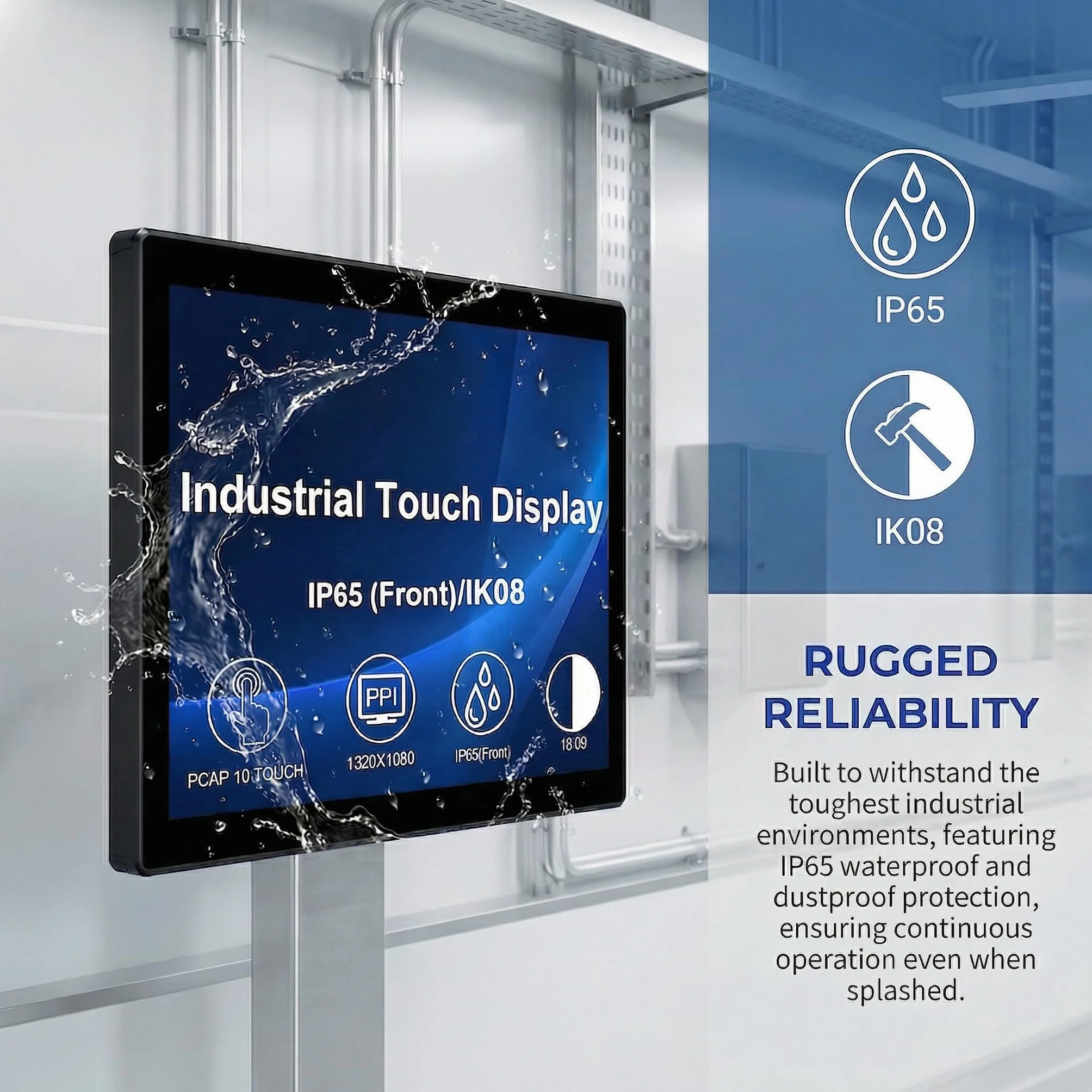 VSDISPLAY Przemysłowy ekran dotykowy o przekątnej 7", IP65 panel przedni, 1024 × 600, 350 nitów, pojemnościowy 10-punktowy dotykowy, duży zakres temperatur, aluminiowa obudowa