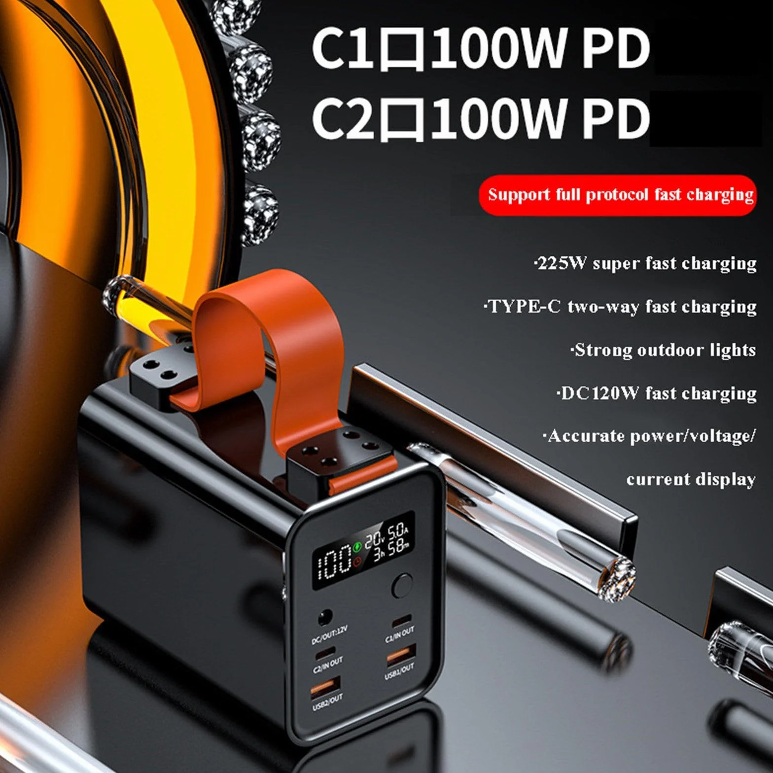 Przenośny Power Bank z diodą LED, wejście/wyjście PD 100 W, bateria o dużej pojemności 30000 mAh, do telefonów komórkowych i tabletów,Black