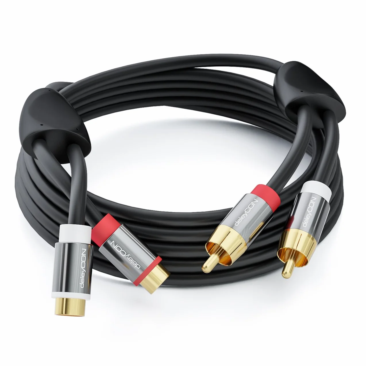 deleyCON 3,0m Przedłużacz Cinch RCA Stereo Audio - 2x Wtyk do 2x Gniazdo - Pozłacane Metalowe Wtyki Czarny