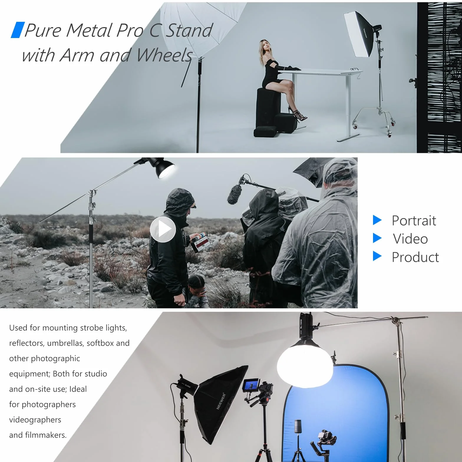 NEEWER Pro 100% metalowy stojak oświetleniowy C z kółkami, maksymalna wysokość 330 cm, regulowany stojak odblaskowy z ramieniem wysięgnika 120 cm i 3 kołami pasowymi do studia fotograficznego,