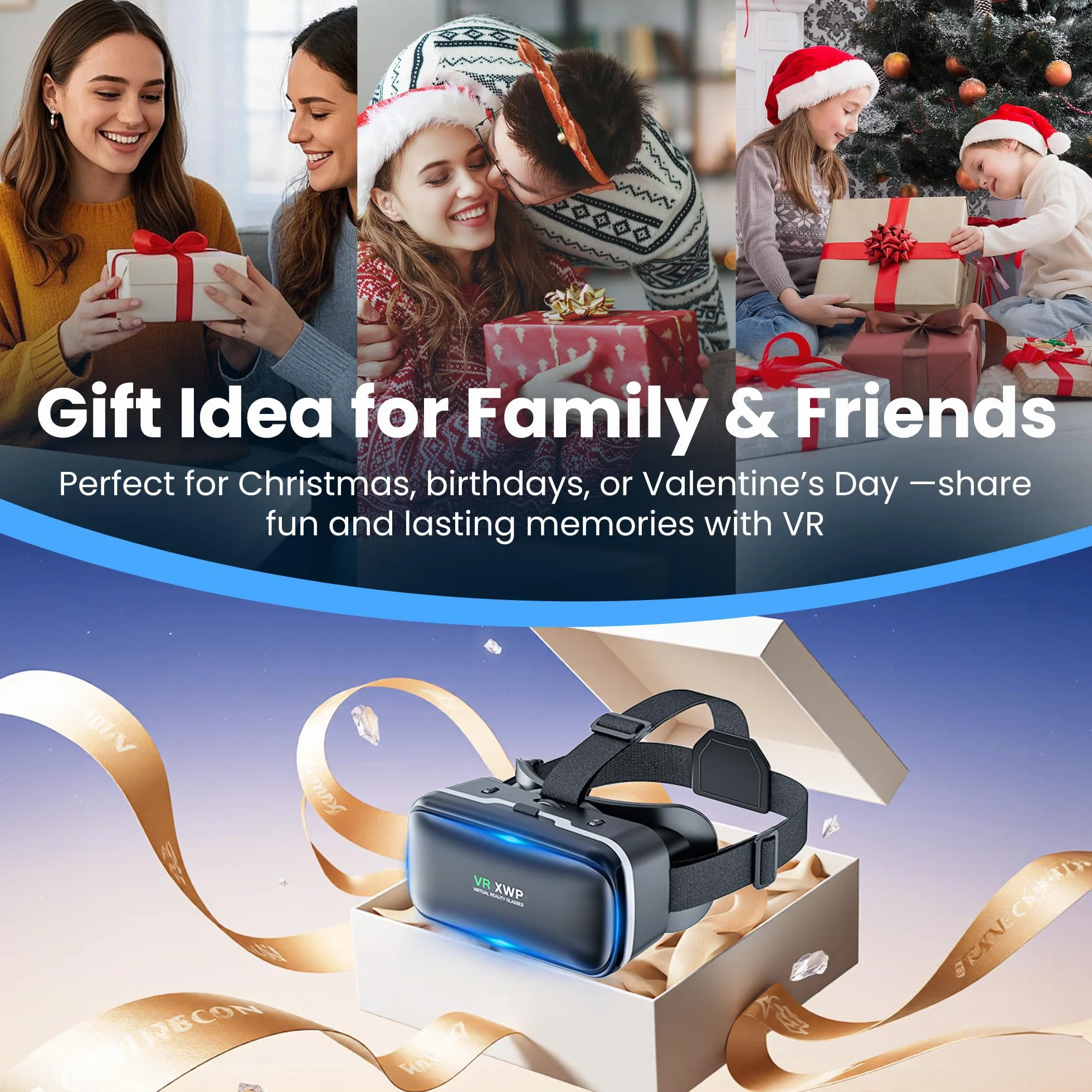 XWP Okulary do wirtualnej rzeczywistości 3D do smartfonów, okulary VR z soczewkami HD Light, kompatybilne z iPhone I Android (4,7-6,8 cala), wrażenia z gier i filmów VR, prezent dla Przyjaciele i