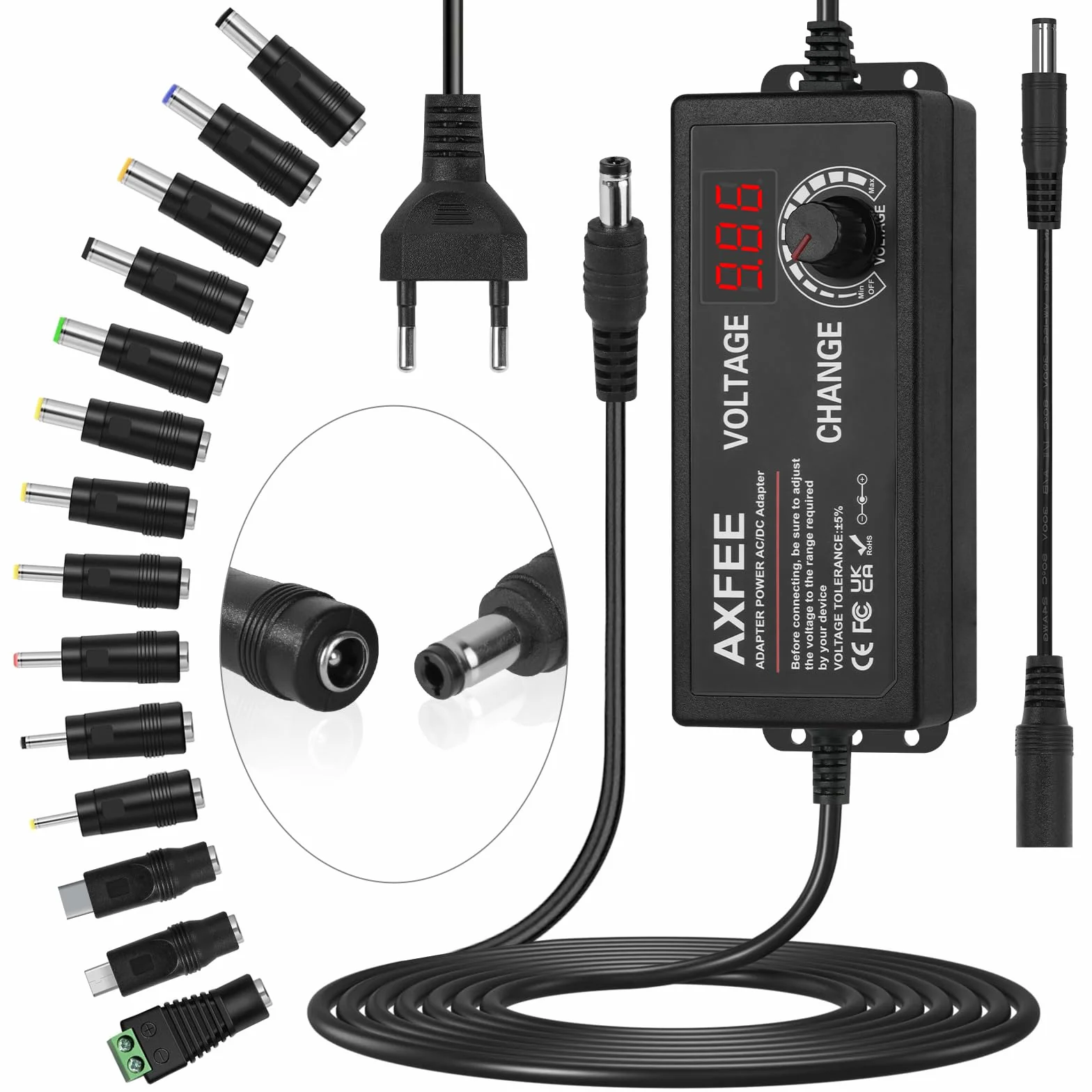 AXFEE Regulowany adapter sieciowy 3 A 72 W, zasilacz 3 V-24 V, uniwersalny 100 V-240 V AC na DC, 5,5 mm z 14 adapterami