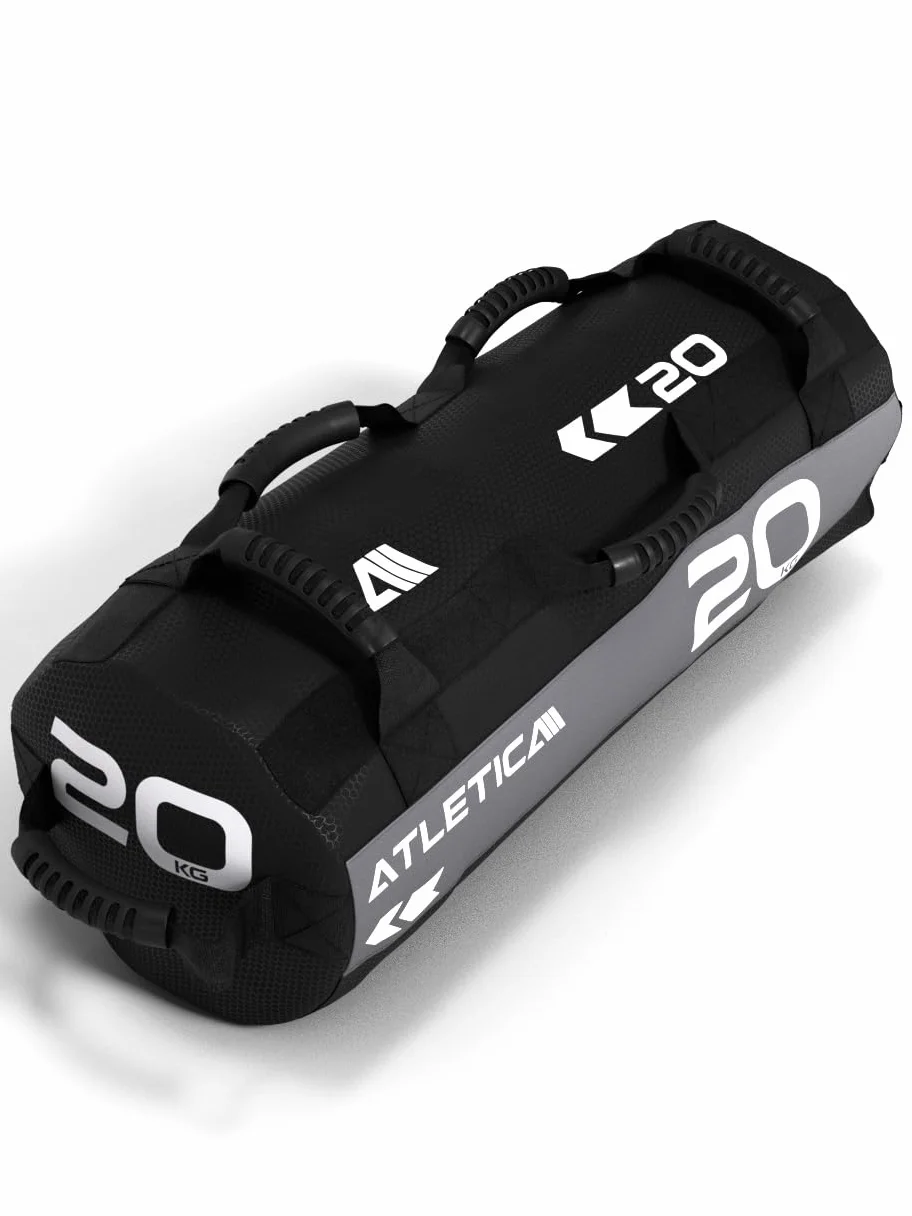 Atletica Worek na piasek 20 kg, worek do treningu funkcjonalnego całego ciała, wytrzymały nylon Cordura, 7 uchwytów